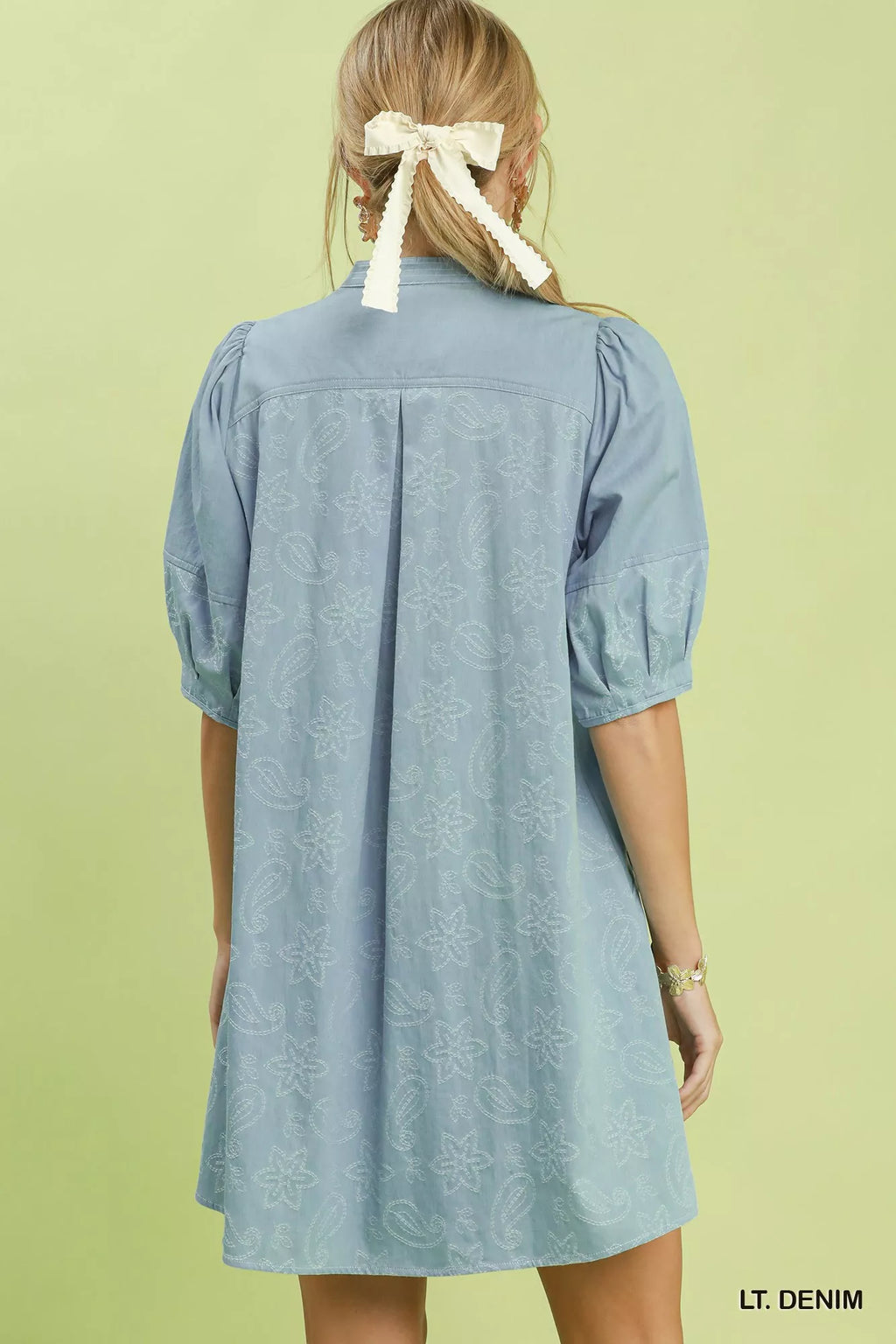 Umgee Print Denim Dress with Contrast Stitch