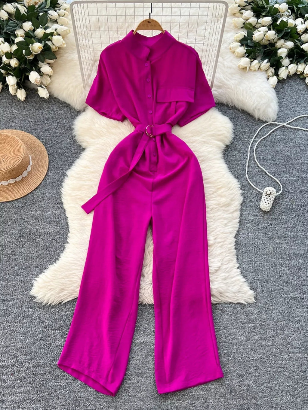 Button Front Wide Leg Jumpsuit