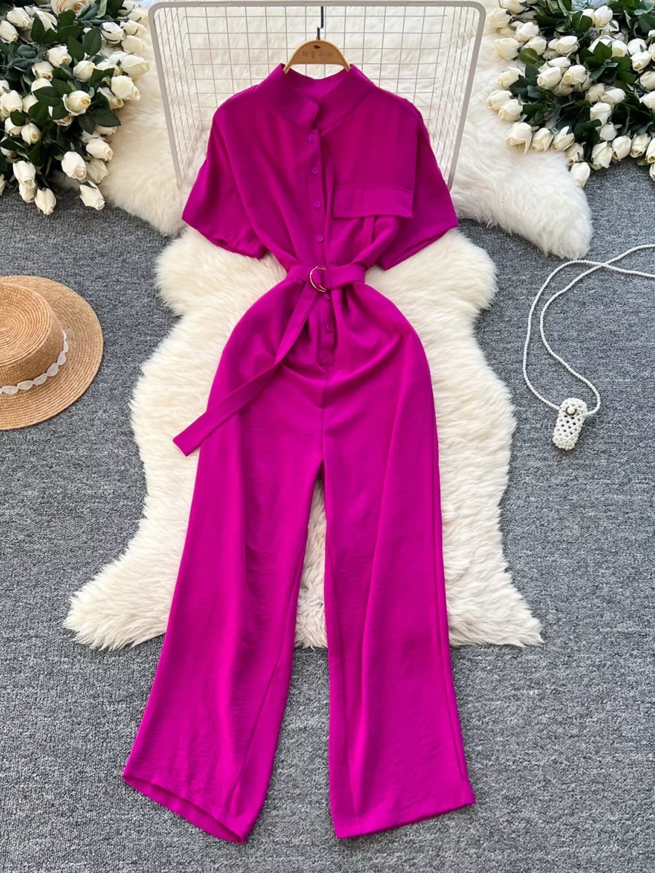 Button Front Wide Leg Jumpsuit