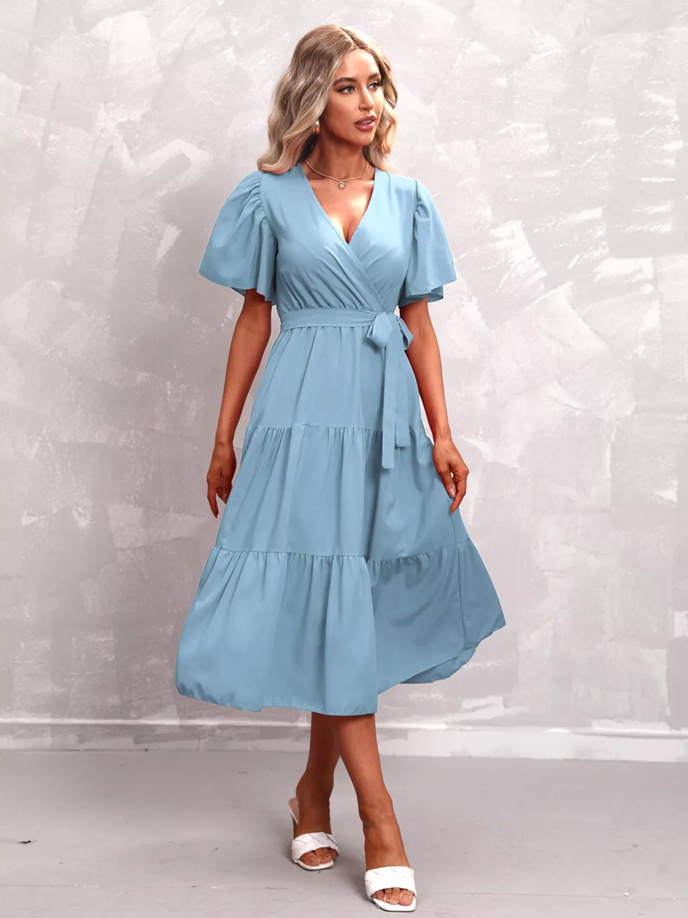 Flutter Sleeve Tiered Midi Dress