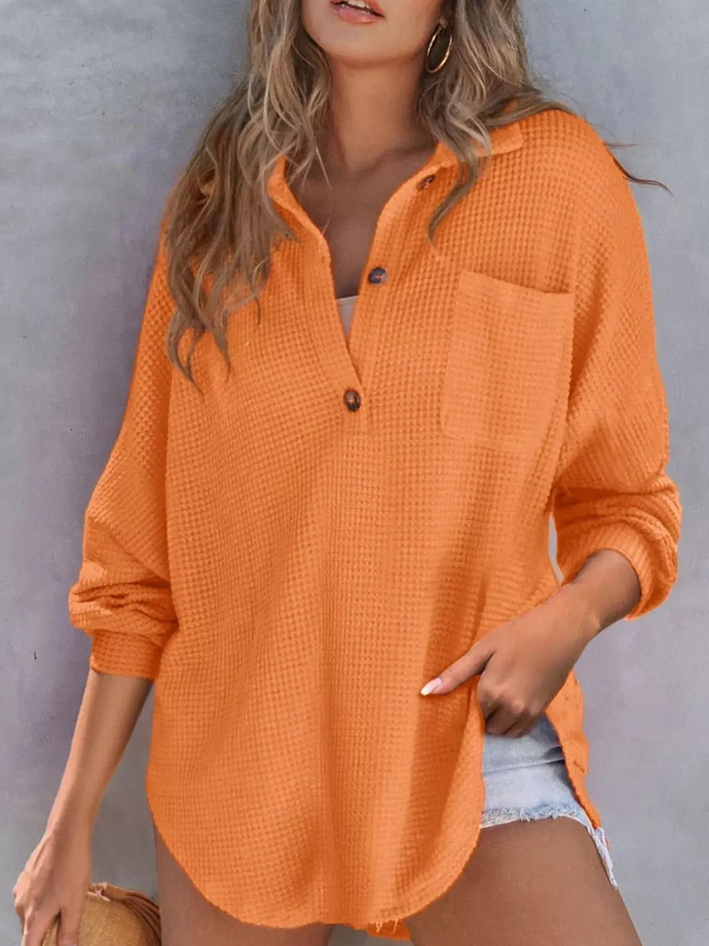 Waffle Knit Button Detail T-Shirt with Pocket