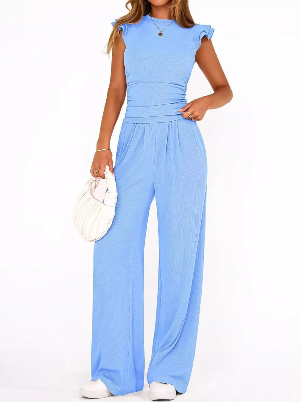 Ruffled Mock Neck Top and Wide Leg Pants Set