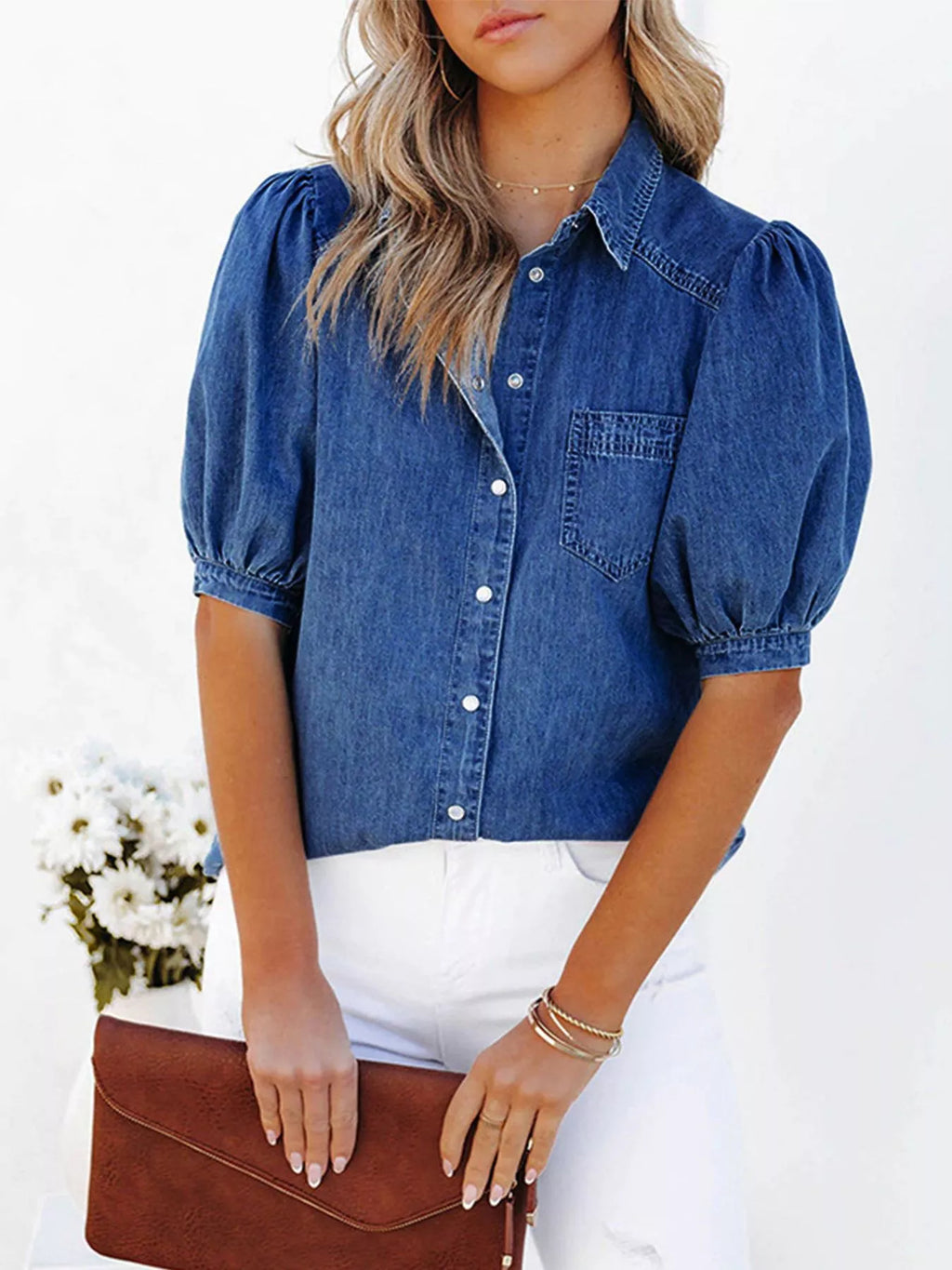 Puff Sleeve Button-Down Denim Top