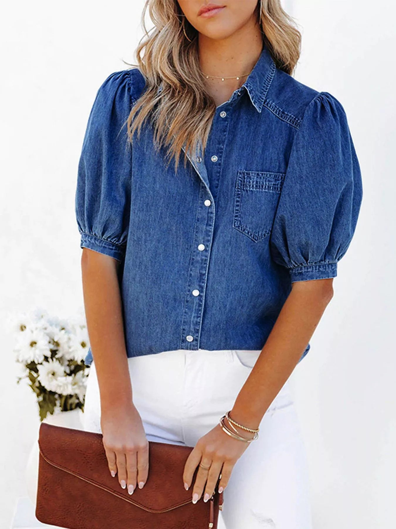 Puff Sleeve Button-Down Denim Top