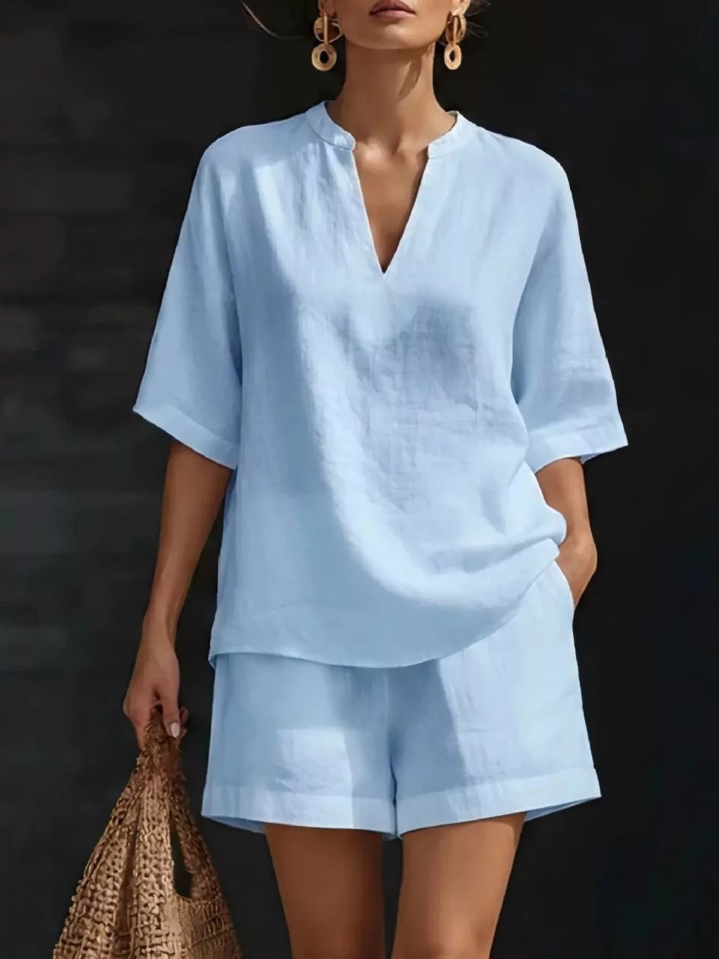 Full Size Notched Half Sleeve Top and Shorts Set Plus Size