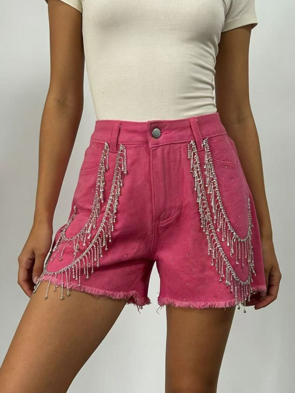 Rhinestone Chain Raw Hem Denim Shorts