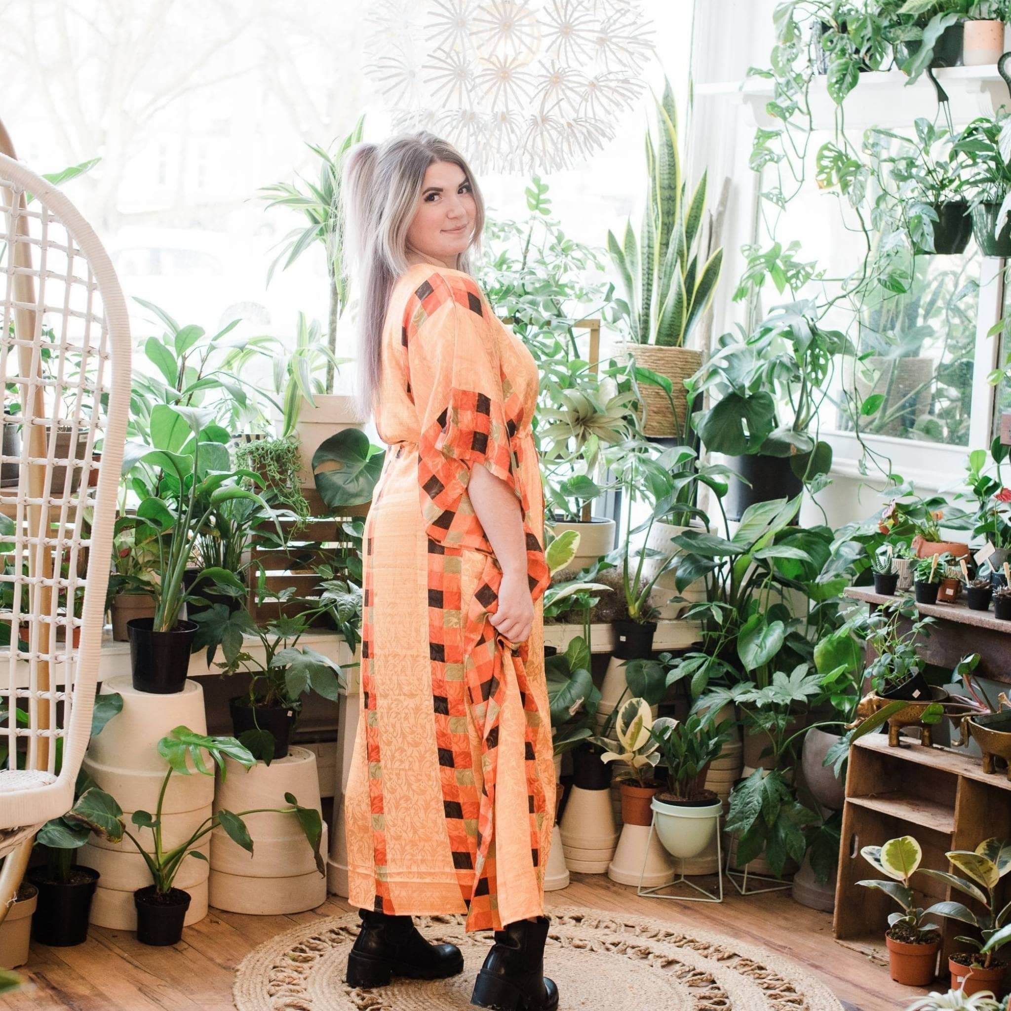 Darn Good Yarn Aanya Adjustable Long Kaftan Dress — Darn Good Yarn branding close-up