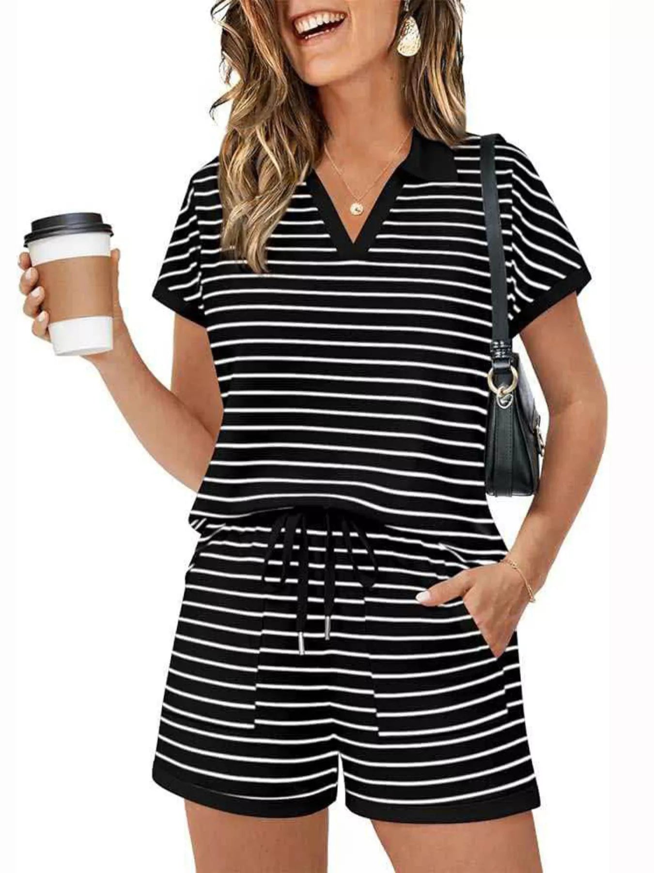 Striped Short Sleeve Polo and Shorts Set