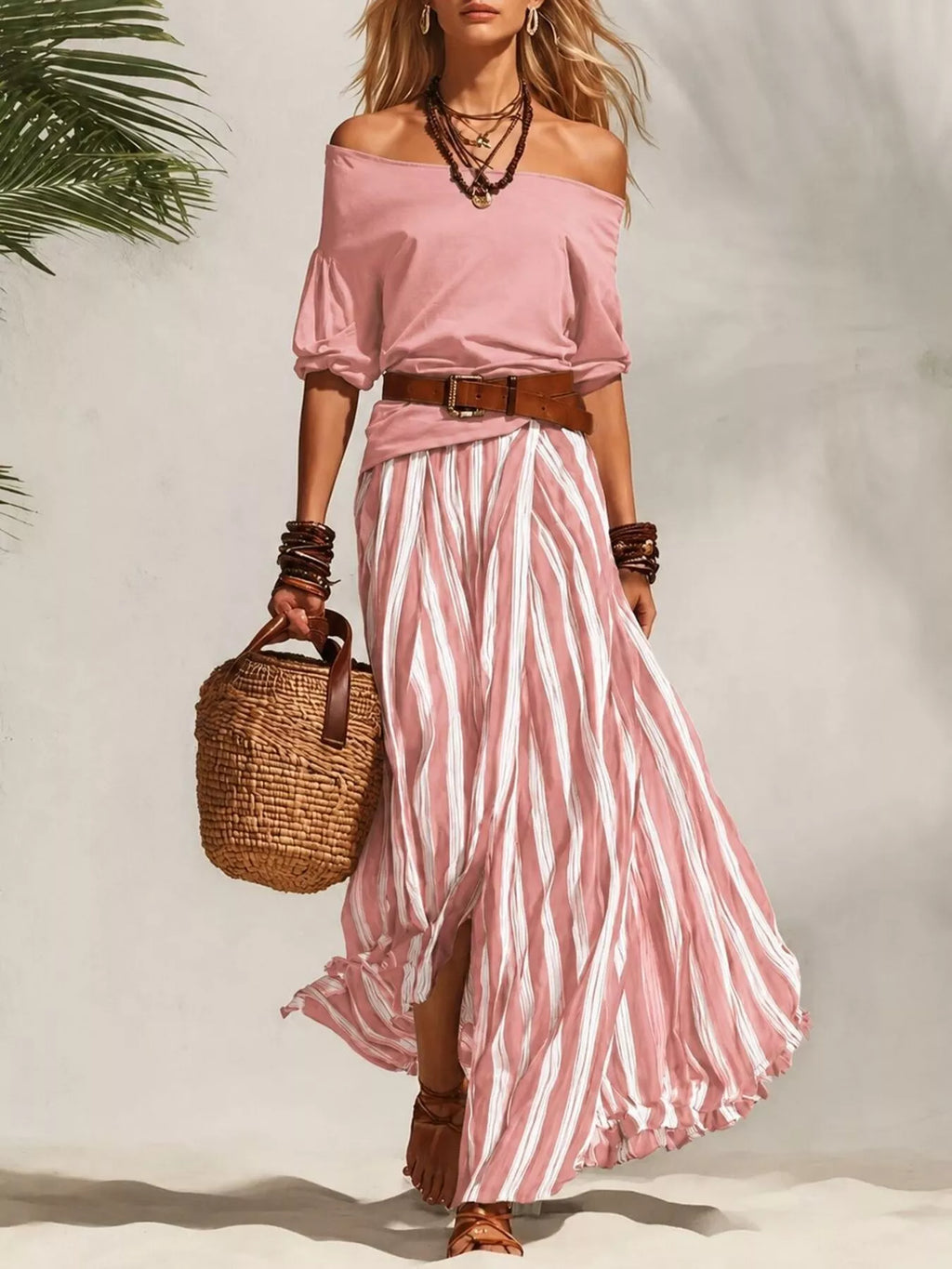 Off Shoulder Top and Striped Maxi Skirt Set