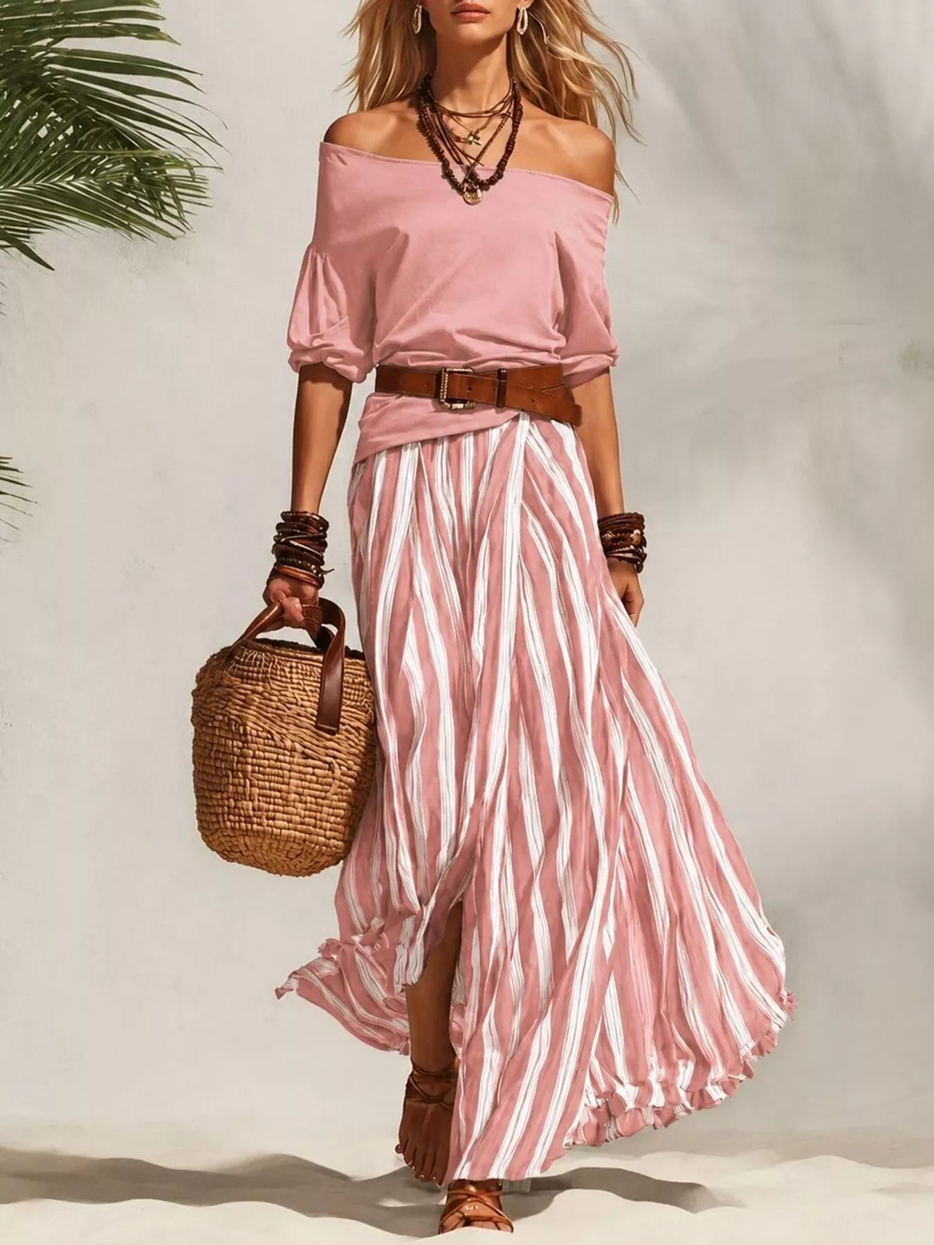 Off Shoulder Top and Striped Maxi Skirt Set