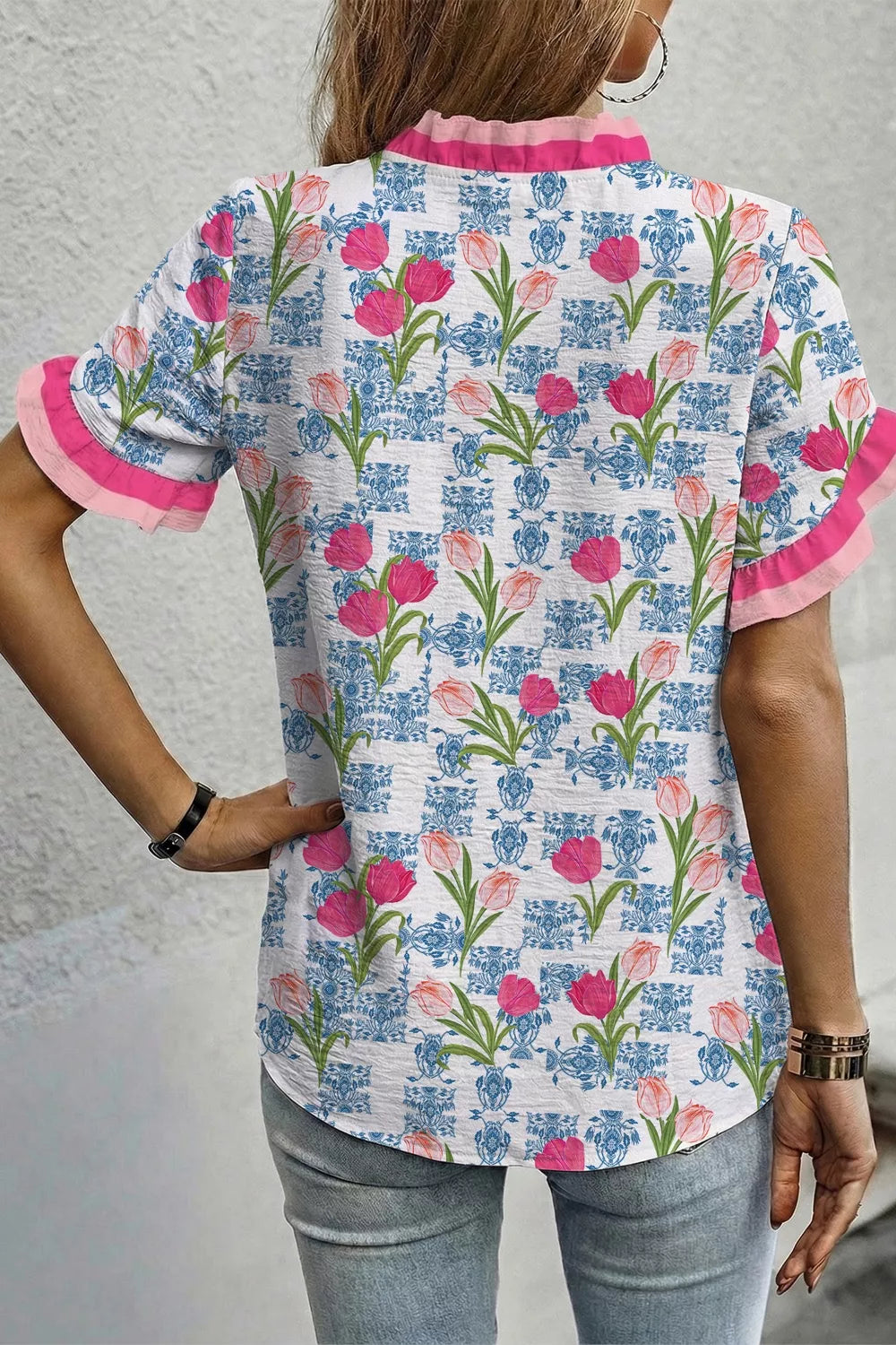 Floral Print Ruffle V-Neck Short Sleeve Loose Tunic Shirt
