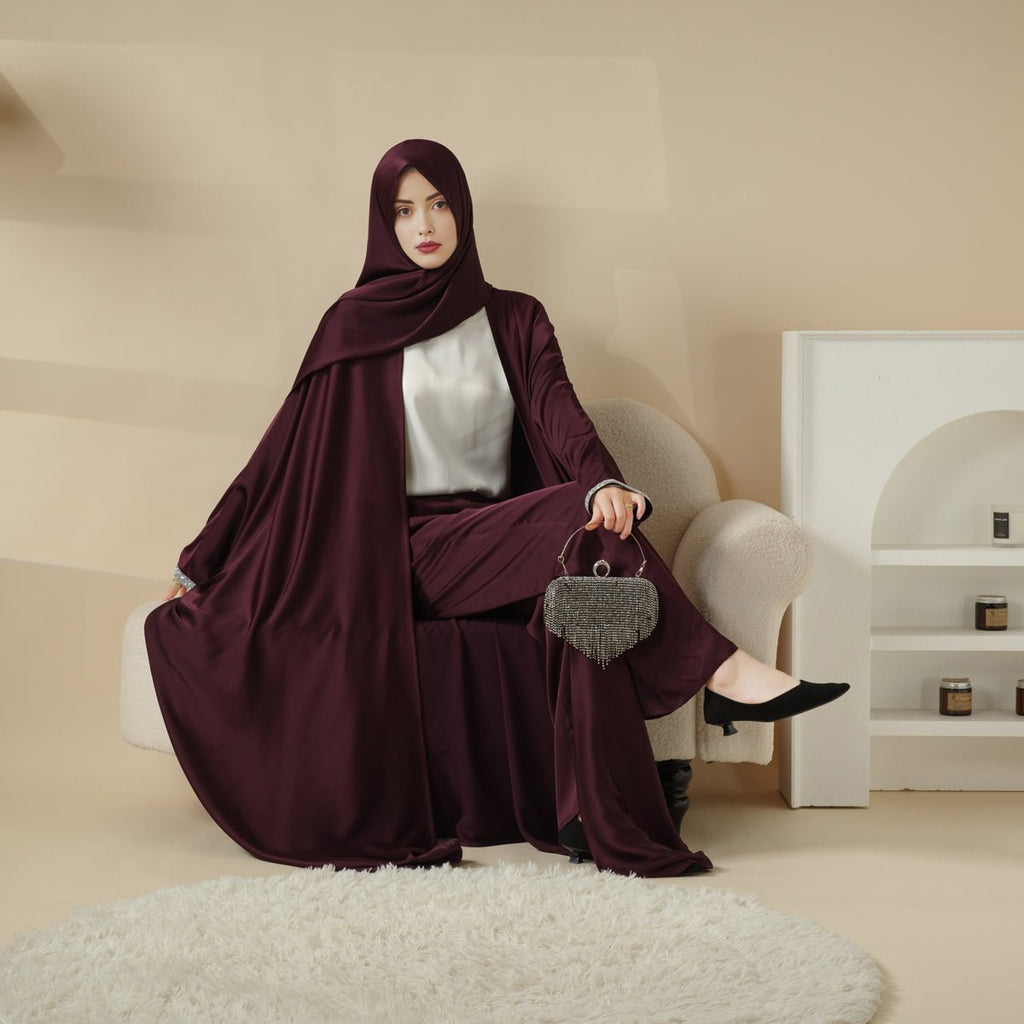 Mariam's Collection Abaya With Satin Shirt And Rhinestone Trousers | 4-Piece Set Abaya (MOA060) — Mariam's Collection branding close-up