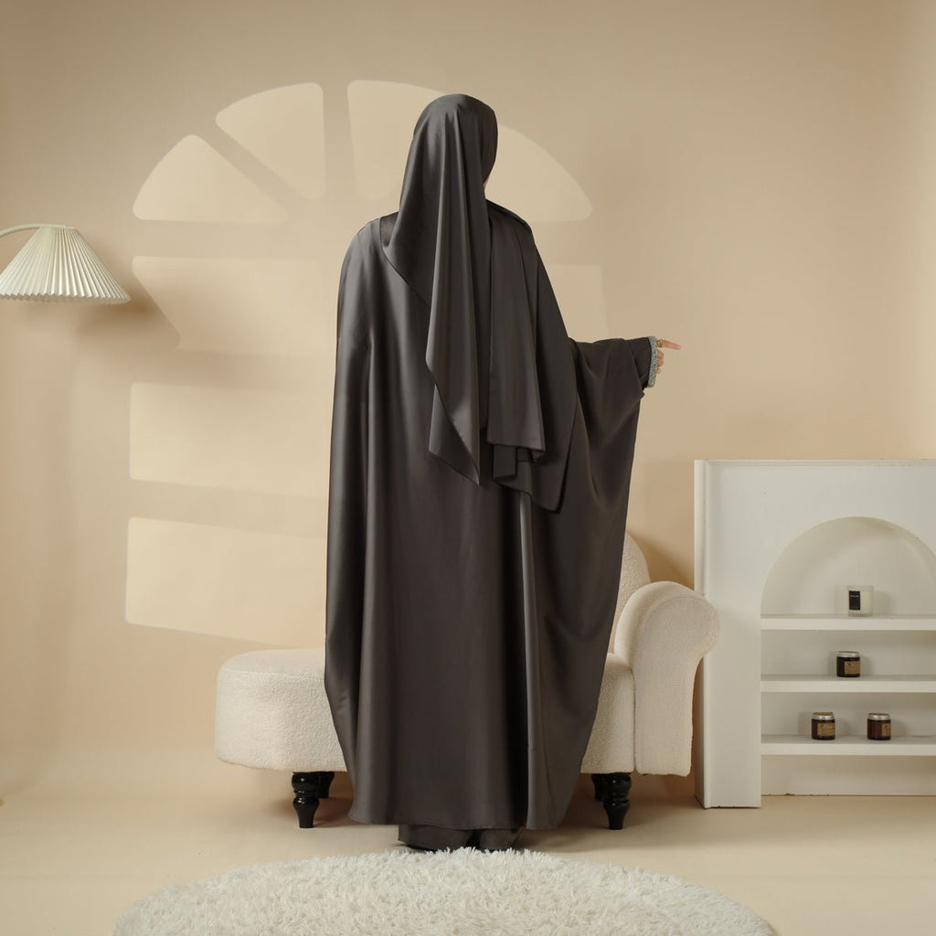 Mariam's Collection Abaya With Satin Shirt And Rhinestone Trousers | 4-Piece Set Abaya (MOA060) — flat-lay composition