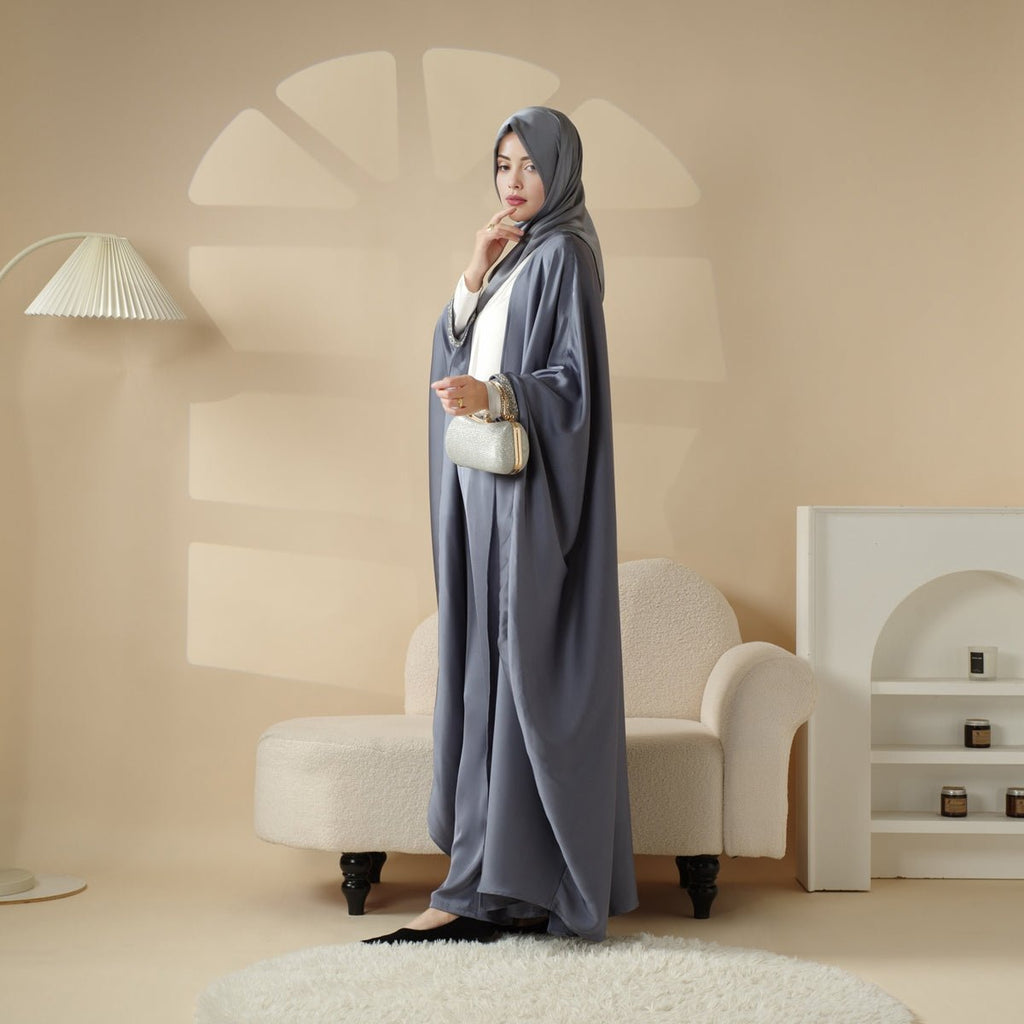 Mariam's Collection Abaya With Satin Shirt And Rhinestone Trousers | 4-Piece Set Abaya (MOA060) — fabric or material detail