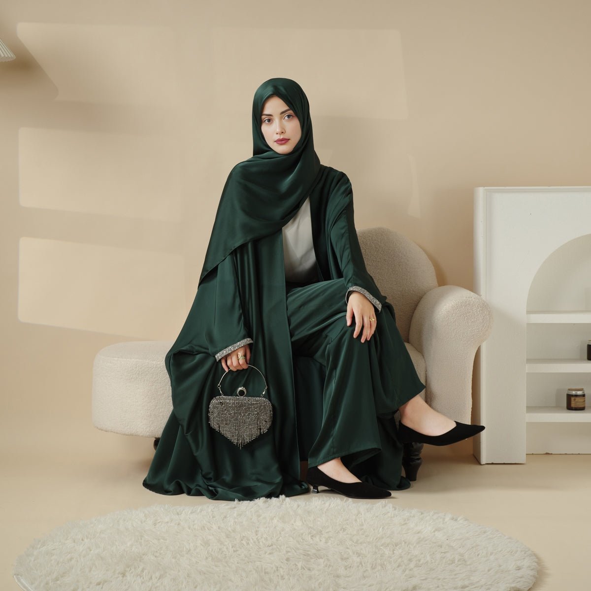 Mariam's Collection Abaya With Satin Shirt And Rhinestone Trousers | 4-Piece Set Abaya (MOA060) — detail shot 10