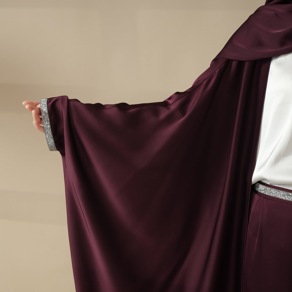 Mariam's Collection Abaya With Satin Shirt And Rhinestone Trousers | 4-Piece Set Abaya (MOA060) — lifestyle worn / used context