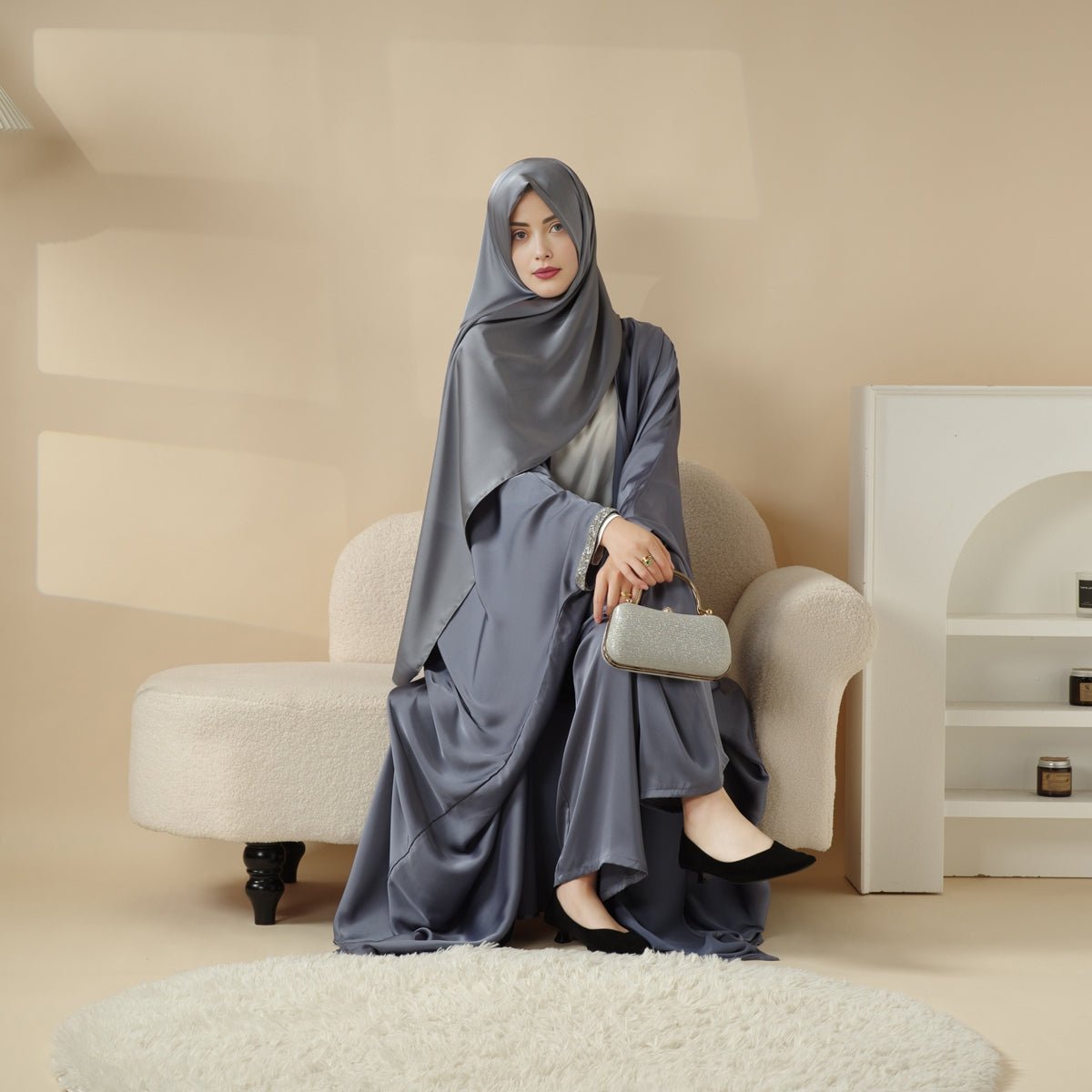 Mariam's Collection Abaya With Satin Shirt And Rhinestone Trousers | 4-Piece Set Abaya (MOA060) — feature highlight