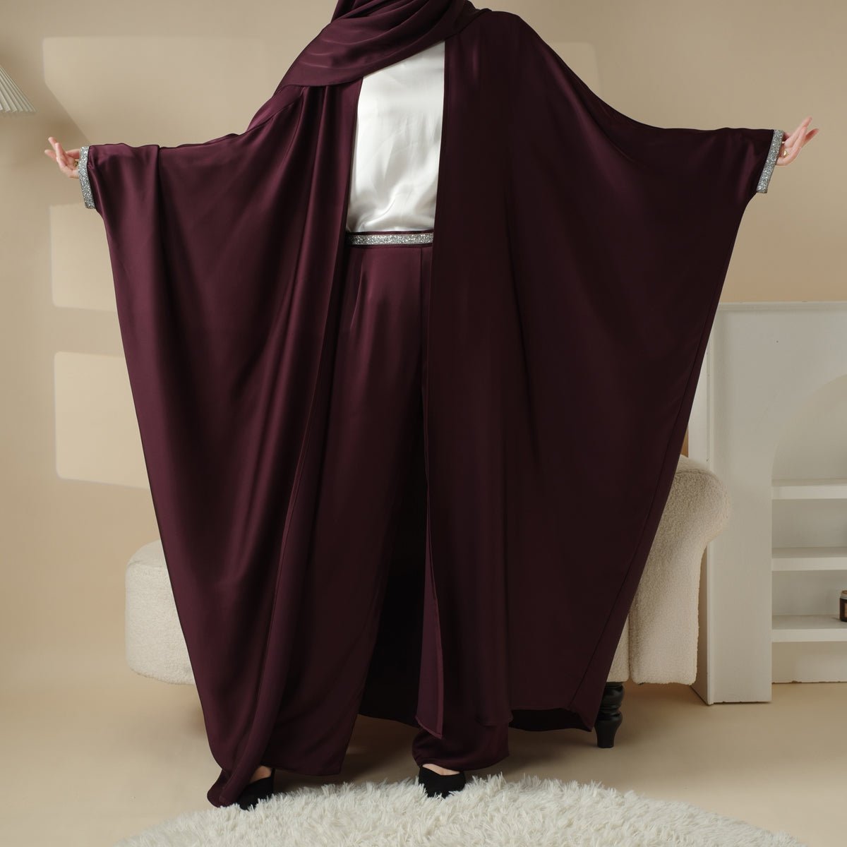 Mariam's Collection Abaya With Satin Shirt And Rhinestone Trousers | 4-Piece Set Abaya (MOA060) — detail shot 7