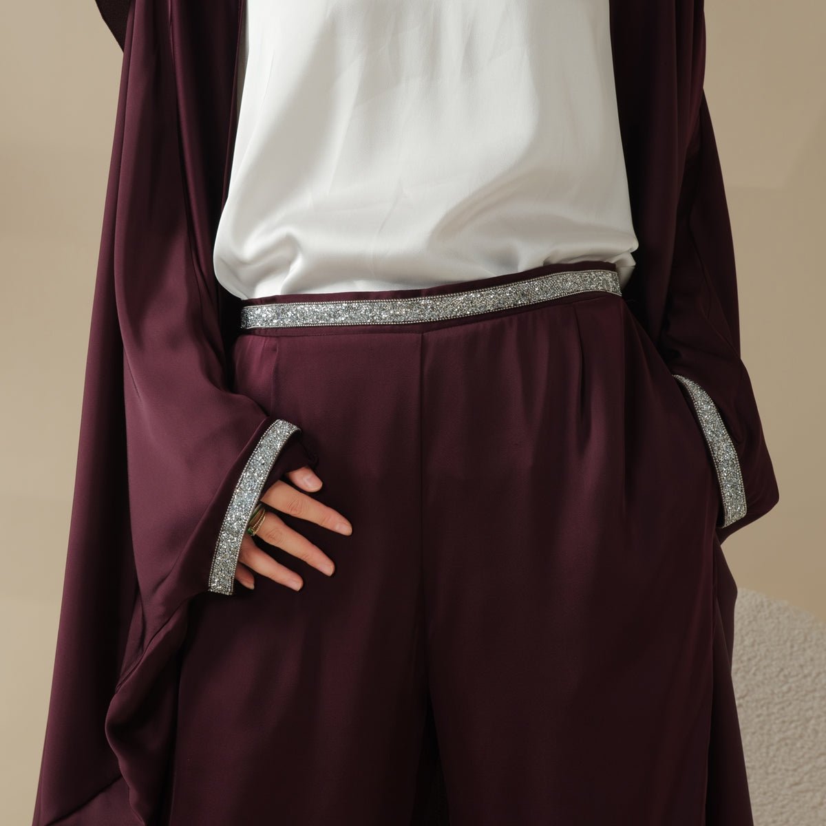 Mariam's Collection Abaya With Satin Shirt And Rhinestone Trousers | 4-Piece Set Abaya (MOA060) — detail shot 6