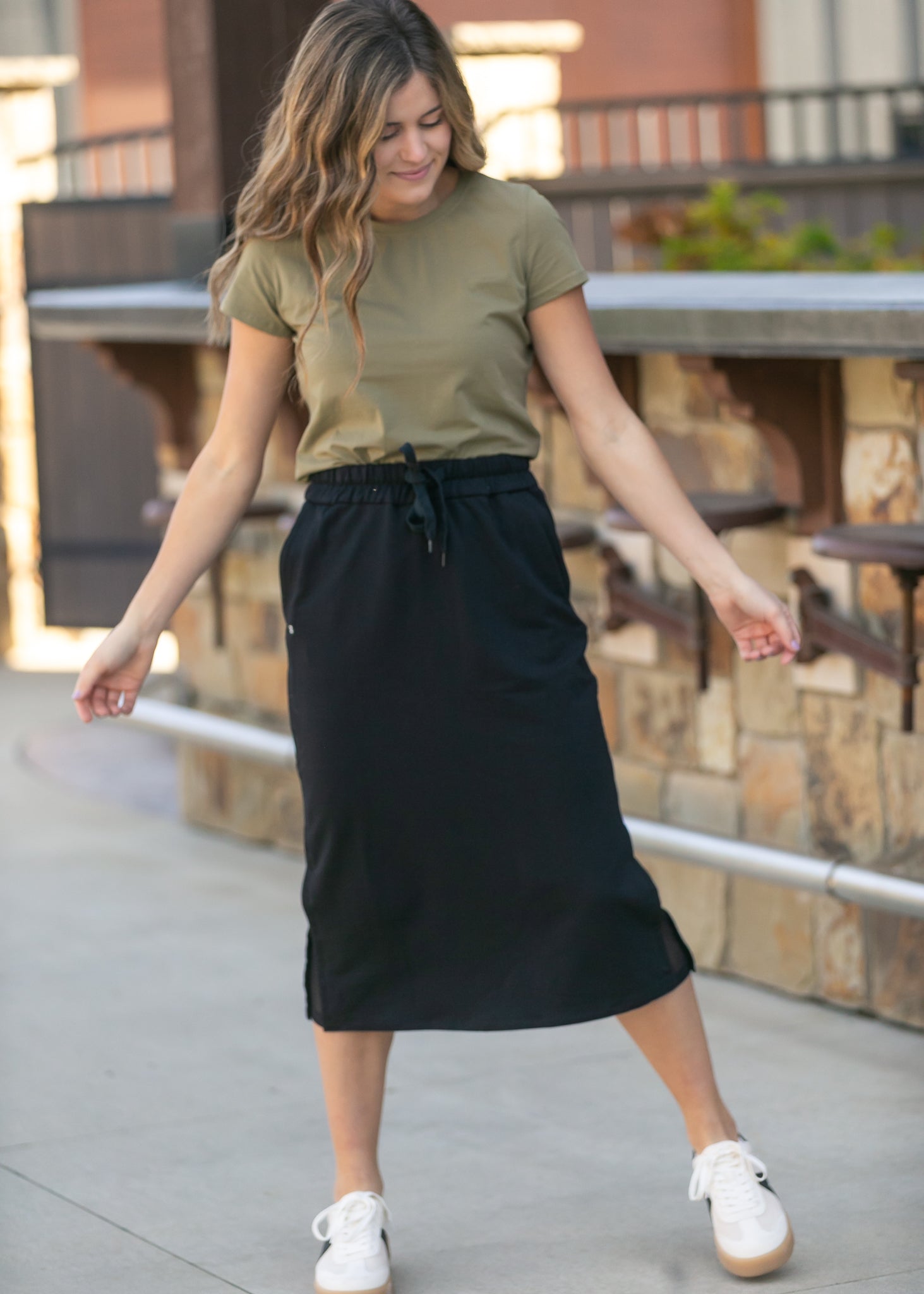Inherit Co. Abbie Mesh Detail Knit Midi Skirt — back view