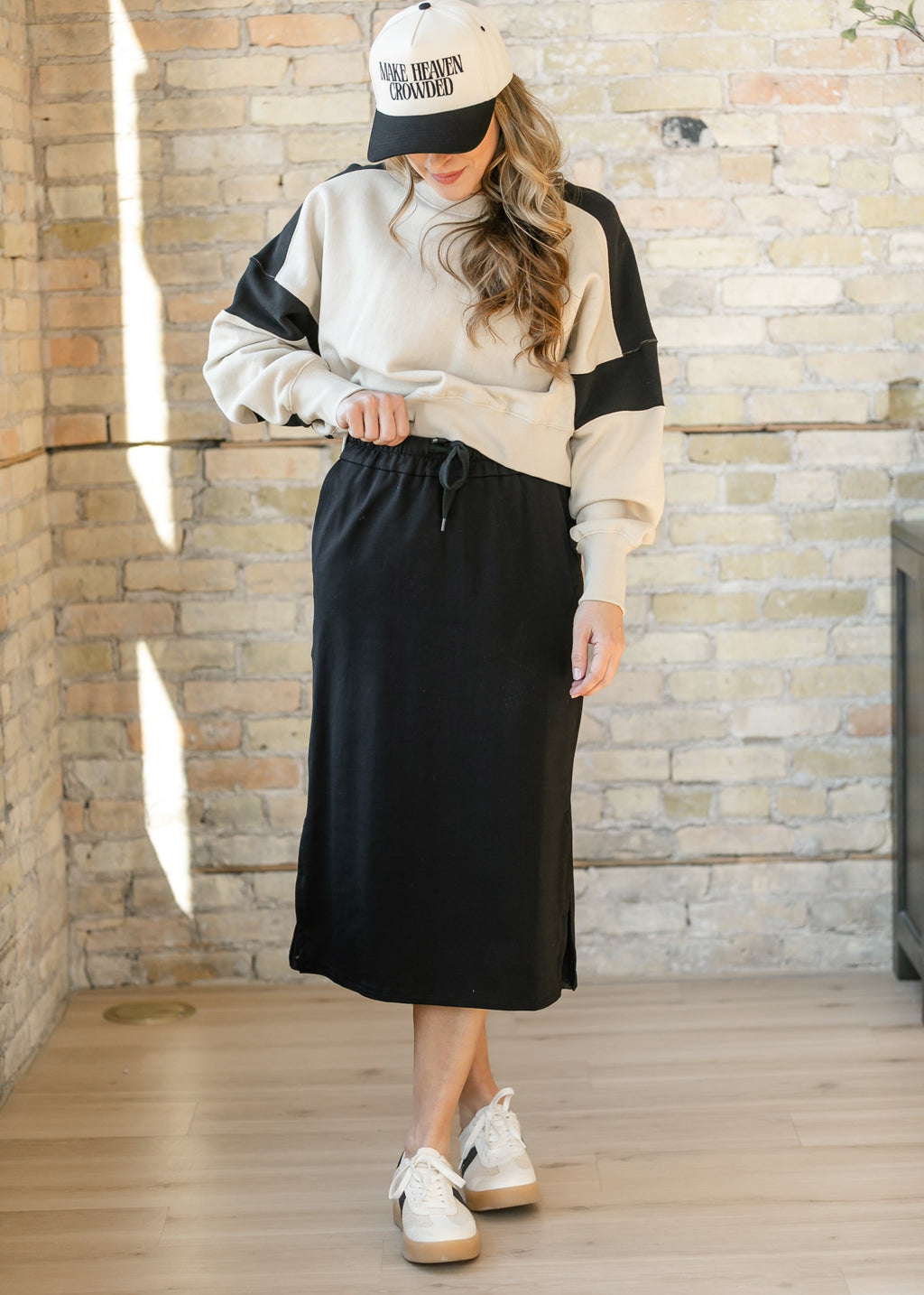 Inherit Co. Abbie Mesh Detail Knit Midi Skirt — detail close-up