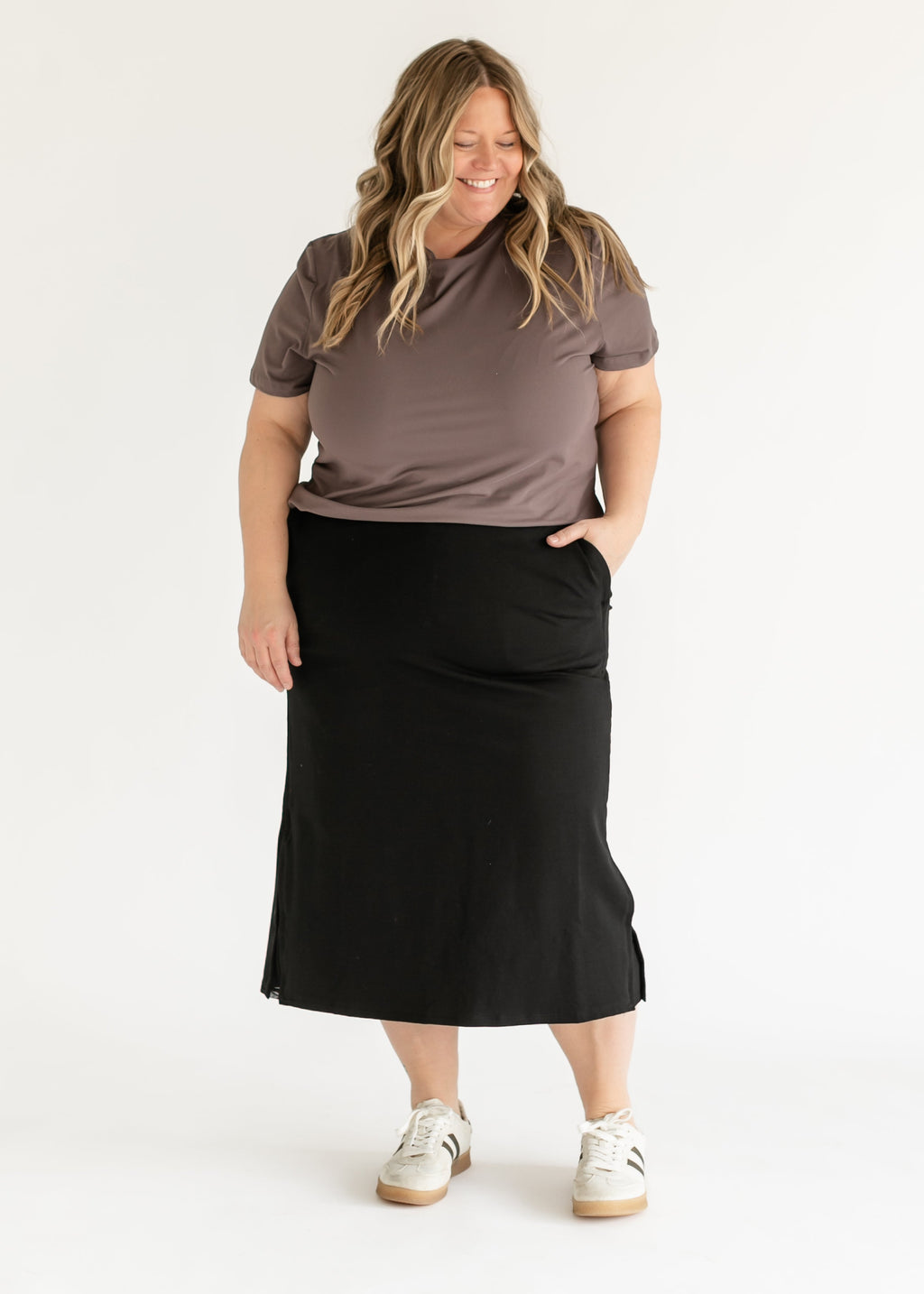 Inherit Co. Abbie Mesh Detail Knit Midi Skirt — fabric or material detail