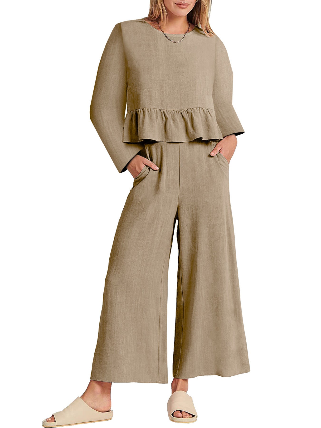 Full Size Ruffled Hem Long Sleeve Top and Pants Set Plus Size
