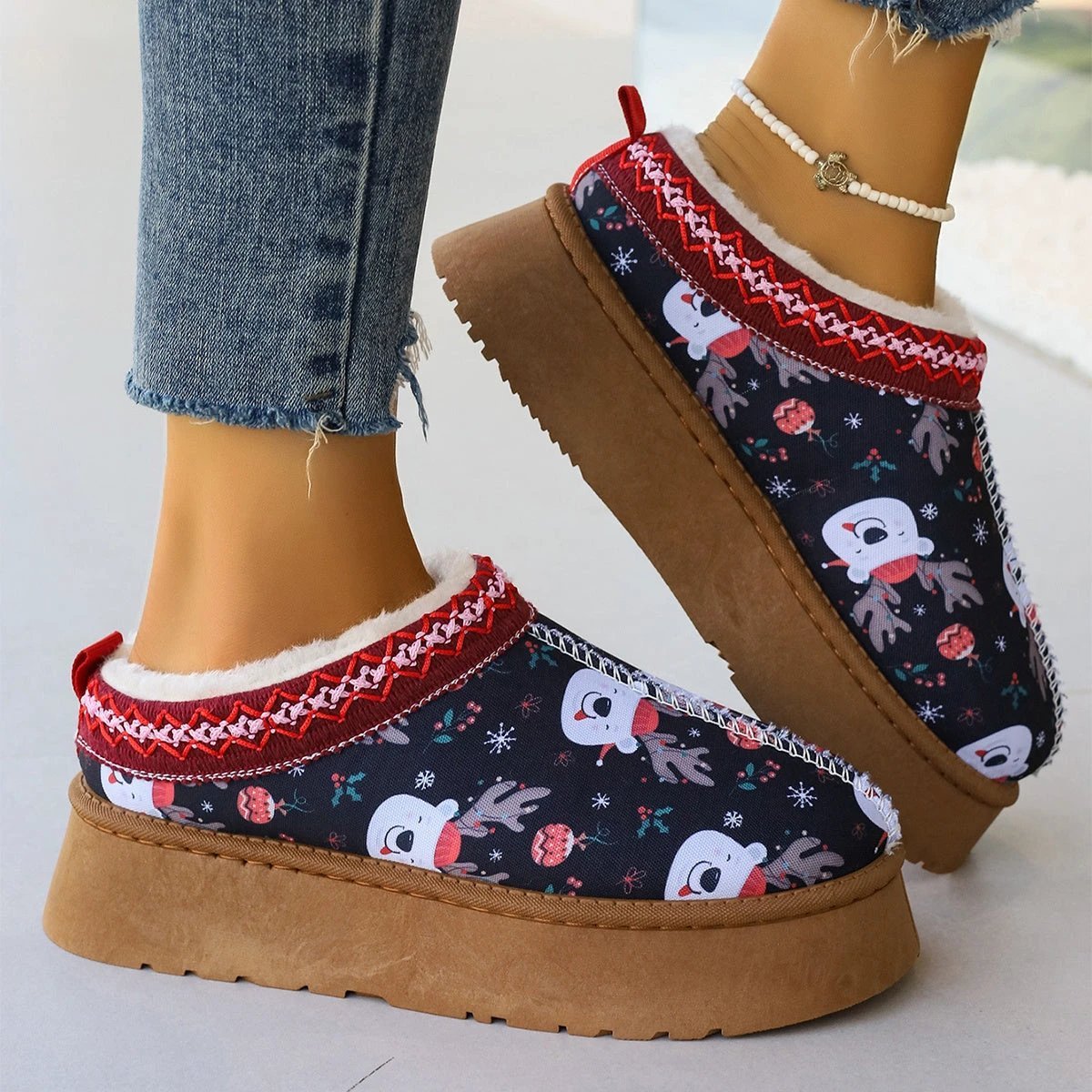 Mandotos Christmas Cartoon Print Plush Lined Slip On Navy Ankle Boots For Women Indoor Home Shoes