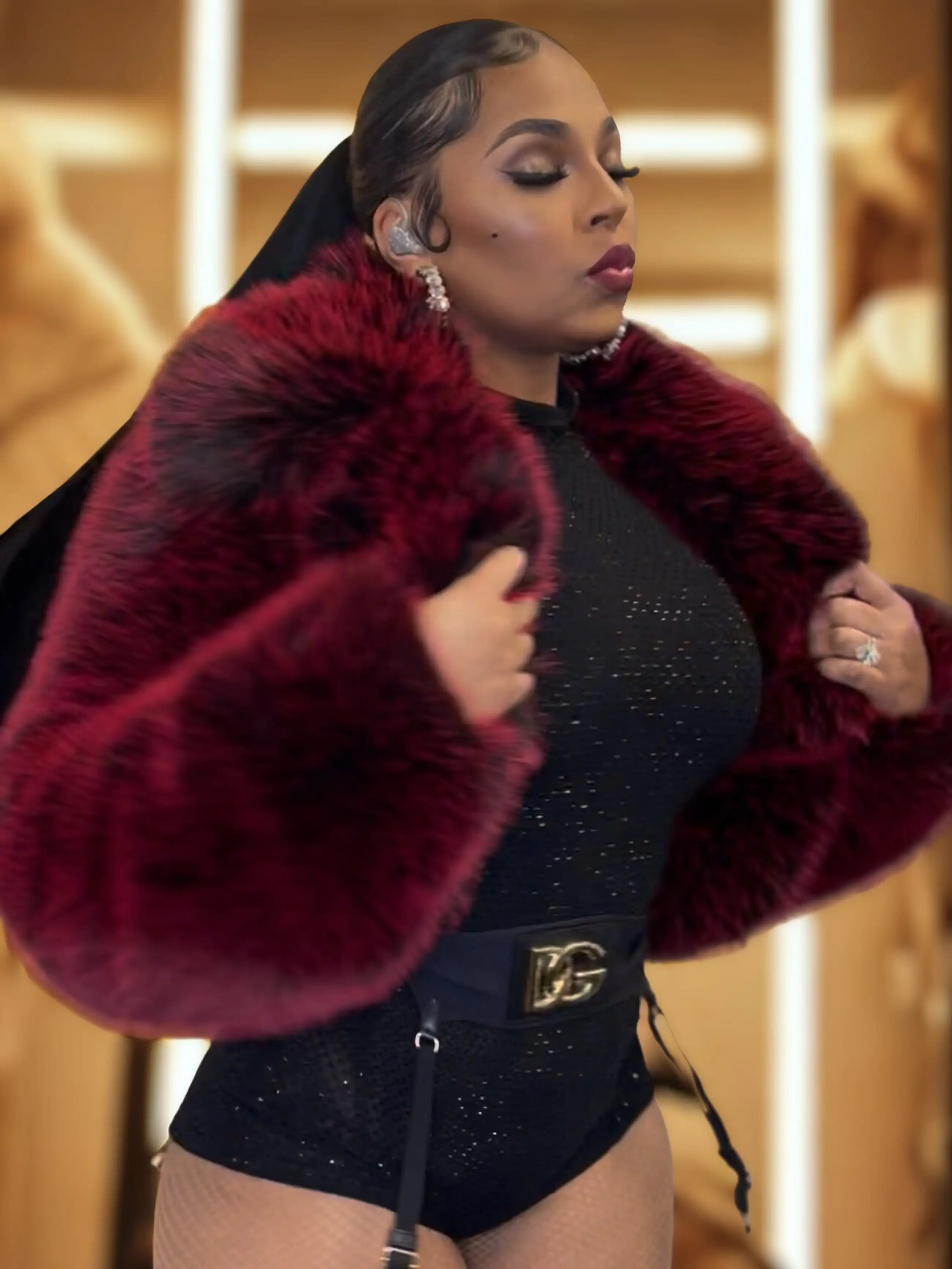 Apple Bottom Jeans Y2K Fur Jacket - Red Delicious — detail view