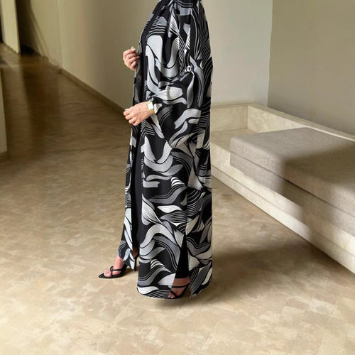 Abstract Wave Print Kimono Abaya | Oversized Open-Front Cardigan Abaya (MOA265)