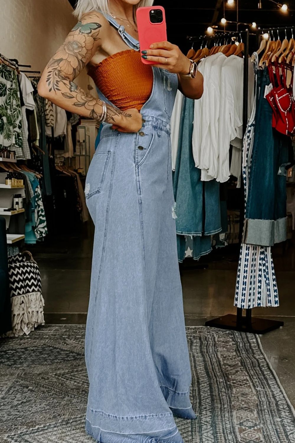 Distressed Wide Leg Denim Overalls