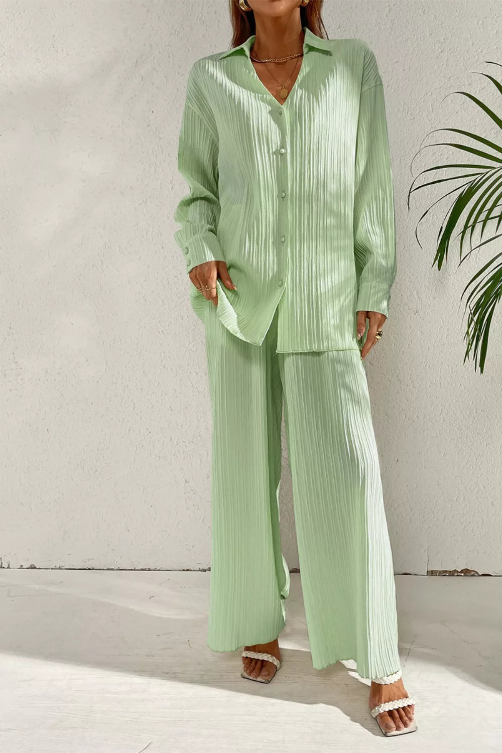 Long Sleeve Shirt & Wide Leg Pants Set
