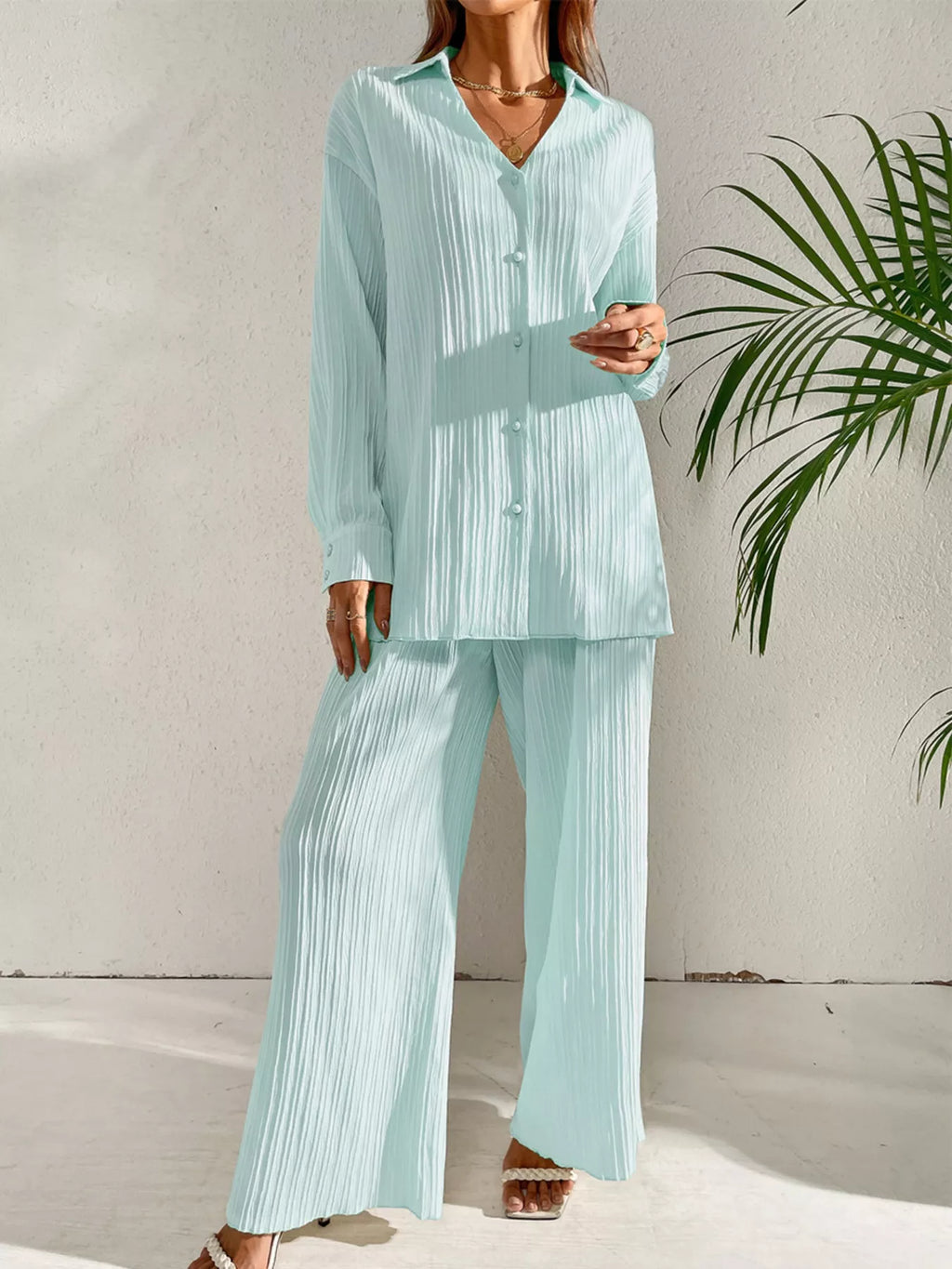 Long Sleeve Shirt & Wide Leg Pants Set
