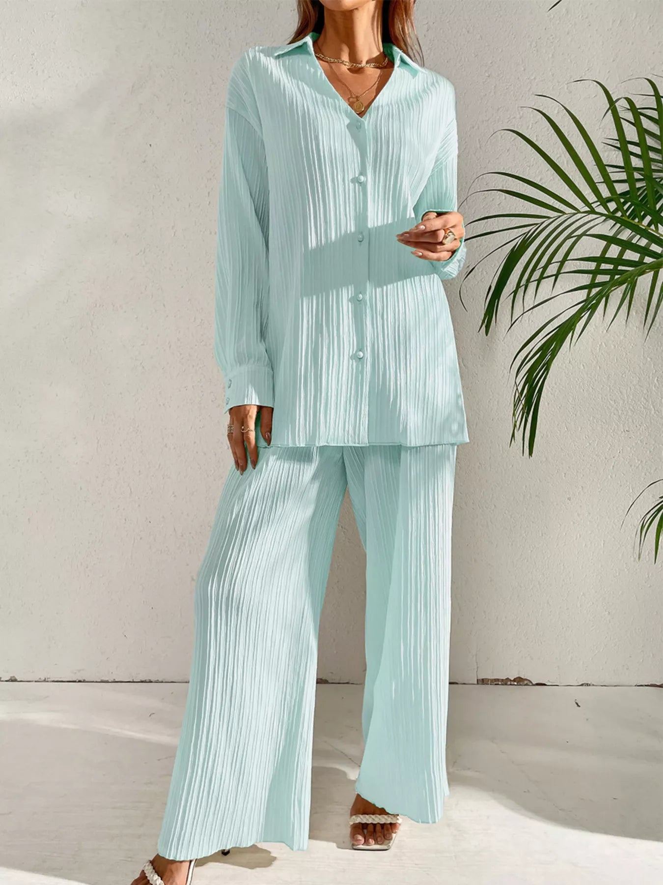 Long Sleeve Shirt & Wide Leg Pants Set