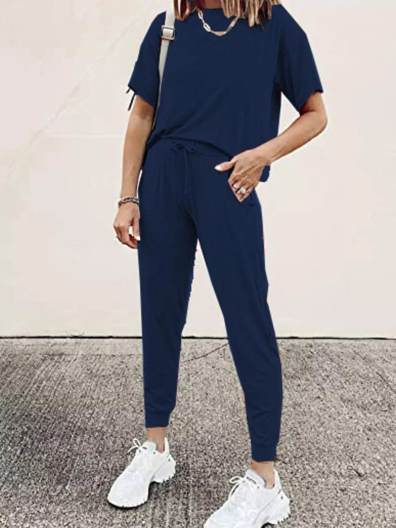Full Size Round Neck Top and Drawstring Pants Set Plus Size