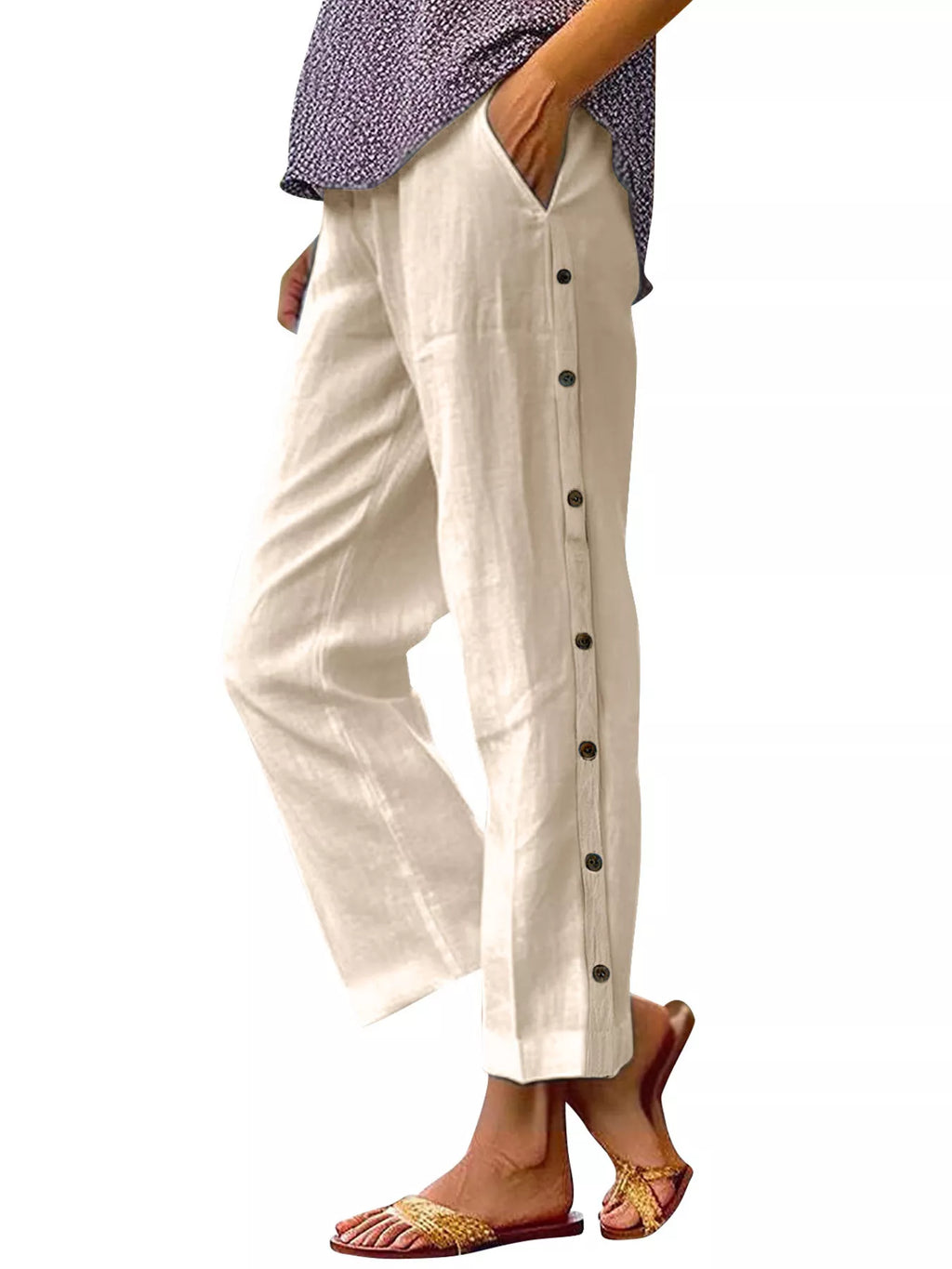 Full Size Side Button Decor Pants Plus Size