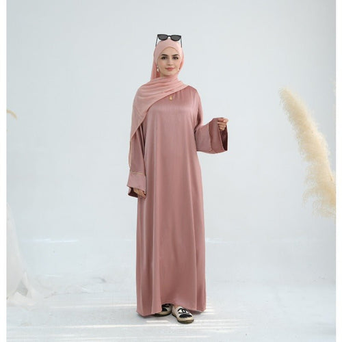 Acetate Crinkle Solid Color Round Neck Abaya Set(MA307)
