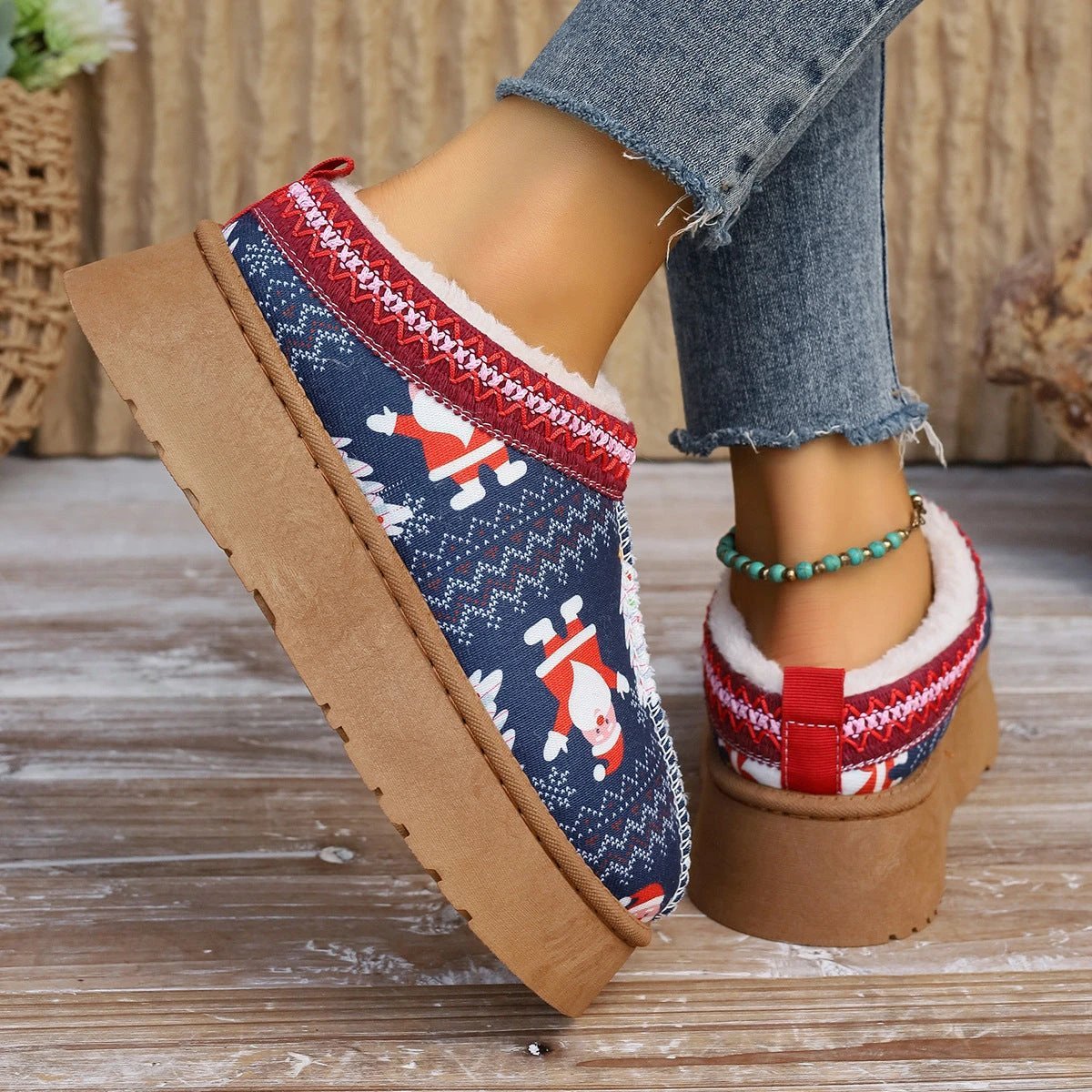 Mandotos Christmas Cartoon Print Plush Lined Slip On Navy Ankle Boots For Women Indoor Home Shoes