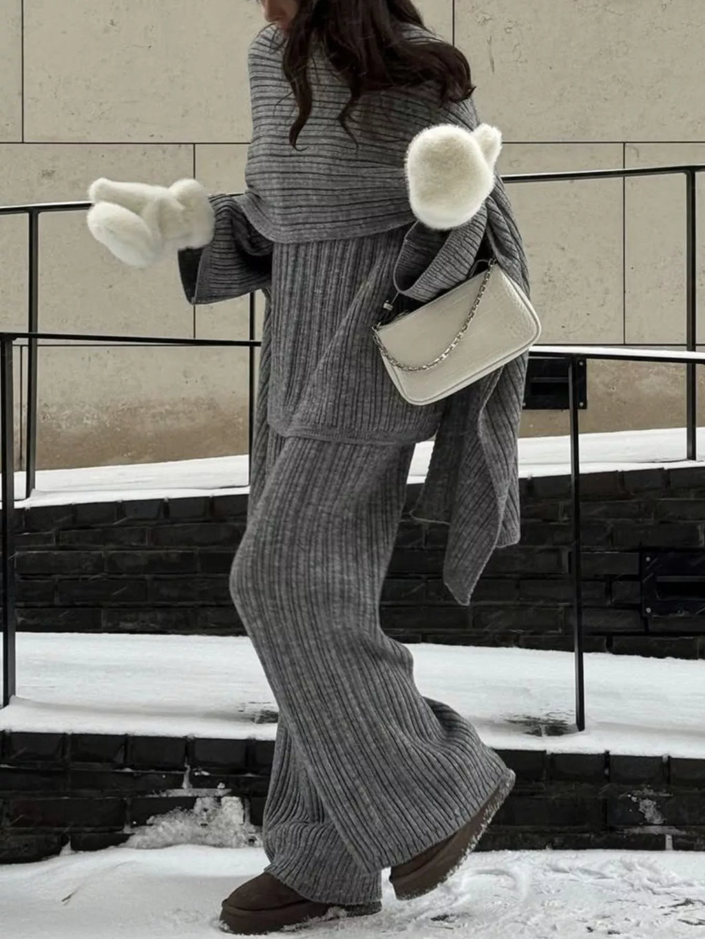 3-Piece Crew Neck Ribbed Sweater and Wide-Leg Pants Set with Scarf