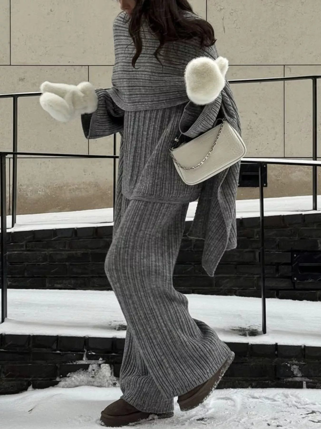3-Piece Crew Neck Ribbed Sweater and Wide-Leg Pants Set with Scarf