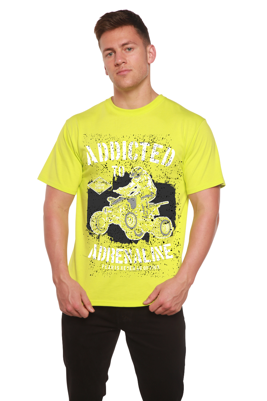 Spun Bamboo Addicted To Adrenaline Men's Bamboo Viscose/Organic Cotton Short Sleeve Graphic T-Shirt — in-use photo