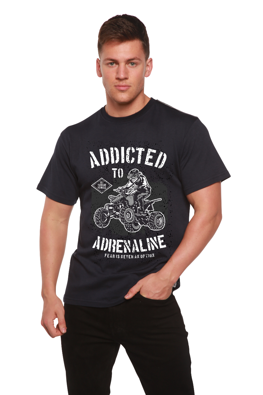 Spun Bamboo Addicted To Adrenaline Men's Bamboo Viscose/Organic Cotton Short Sleeve Graphic T-Shirt — size reference