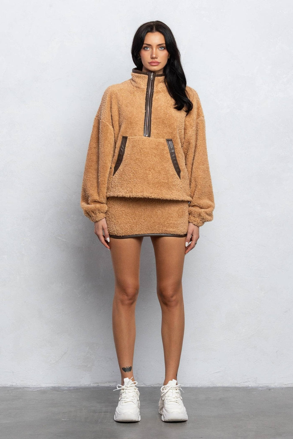 Cozy Half Zip Top & Mini Skirt Set – Fuzzy Lounge Wear for Women