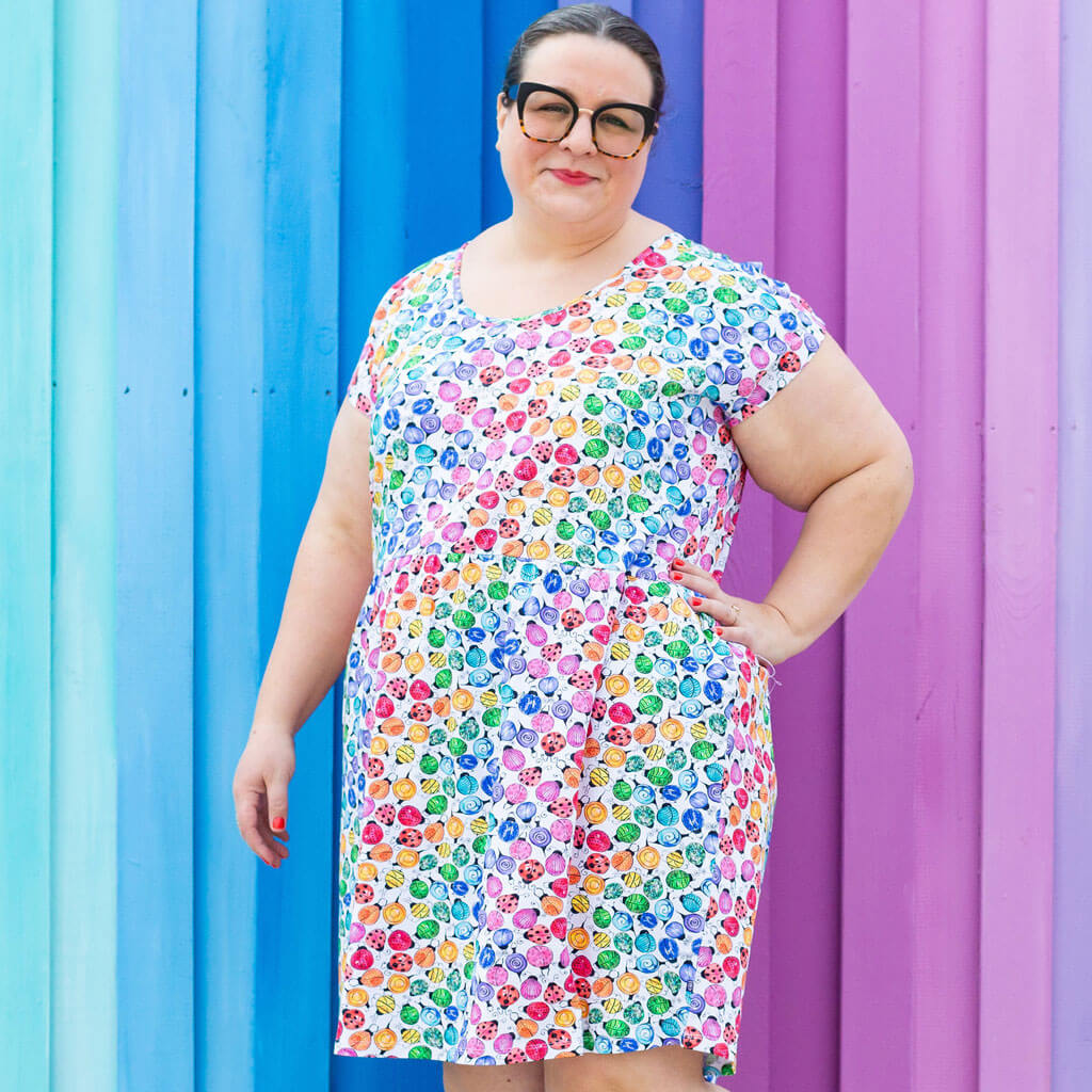 Princess Awesome & Boy Wonder Adult "Jewelbug" Rainbow of Bugs Cap Sleeve Dress with Pockets — main product shot