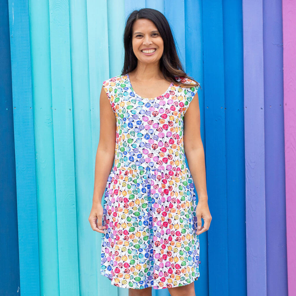 Princess Awesome & Boy Wonder Adult "Jewelbug" Rainbow of Bugs Cap Sleeve Dress with Pockets — lifestyle worn / used context