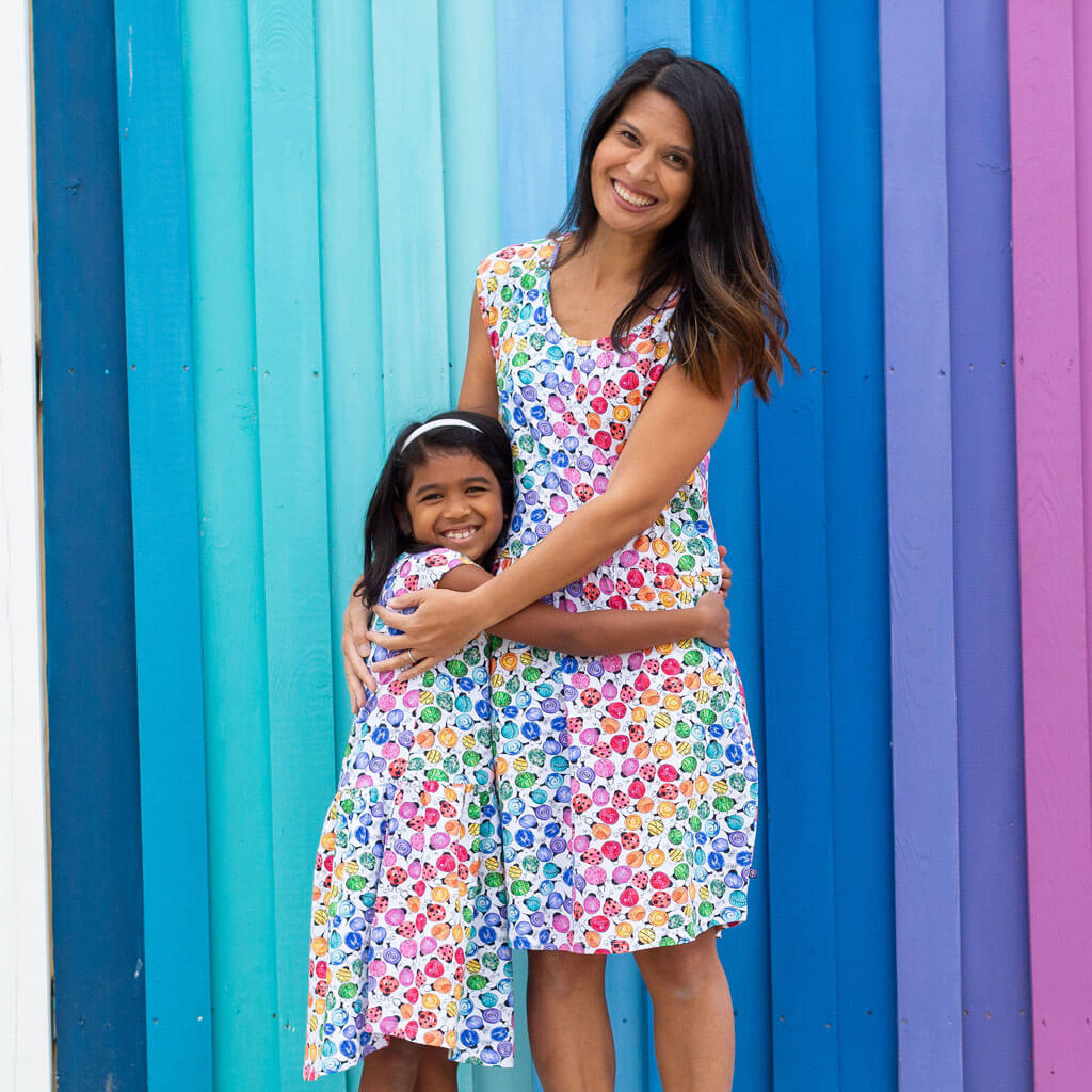 Princess Awesome & Boy Wonder Adult "Jewelbug" Rainbow of Bugs Cap Sleeve Dress with Pockets — adult dresses category context