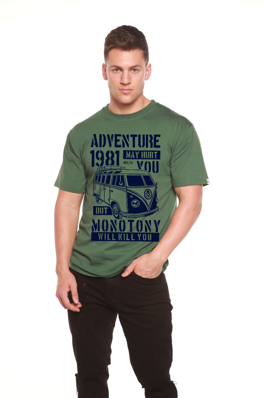 Spun Bamboo Adventure 1981 Men's Bamboo Viscose/Organic Cotton Short Sleeve Graphic T-Shirt — size reference