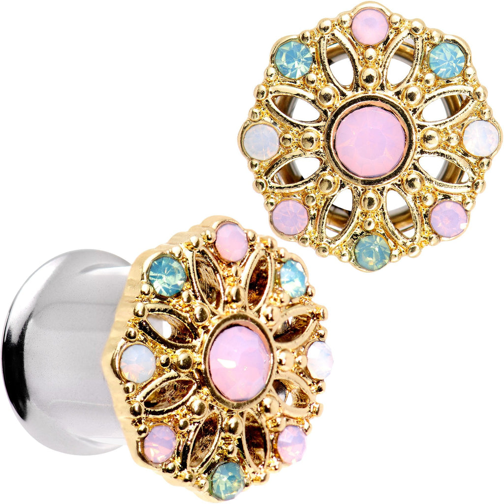 BodyCandy Pink Green White Gem Glam Flower Double Flare Tunnel Plug Set — back view