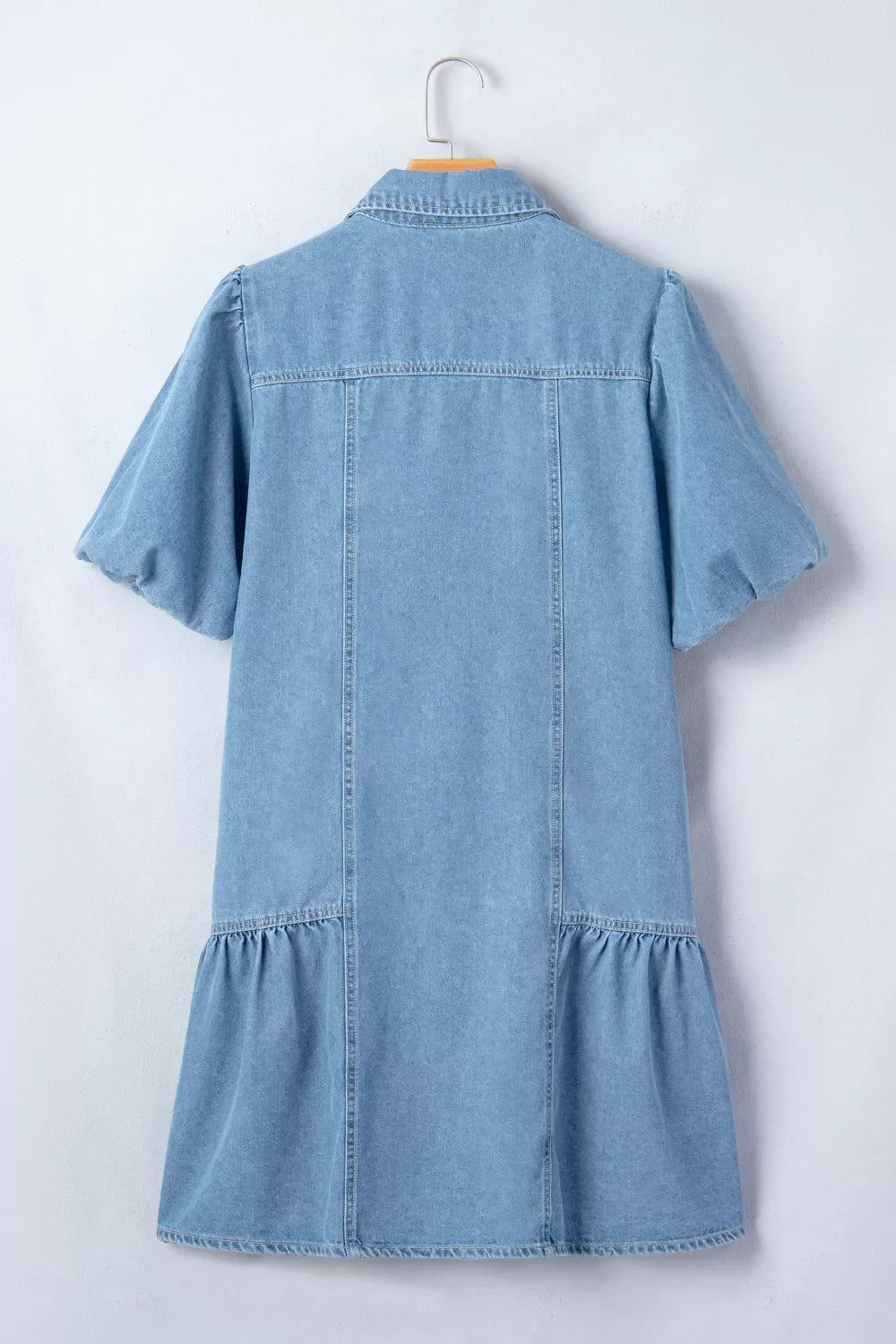 Button Down Short Puff Sleeve Ruffle Hem Denim Dress