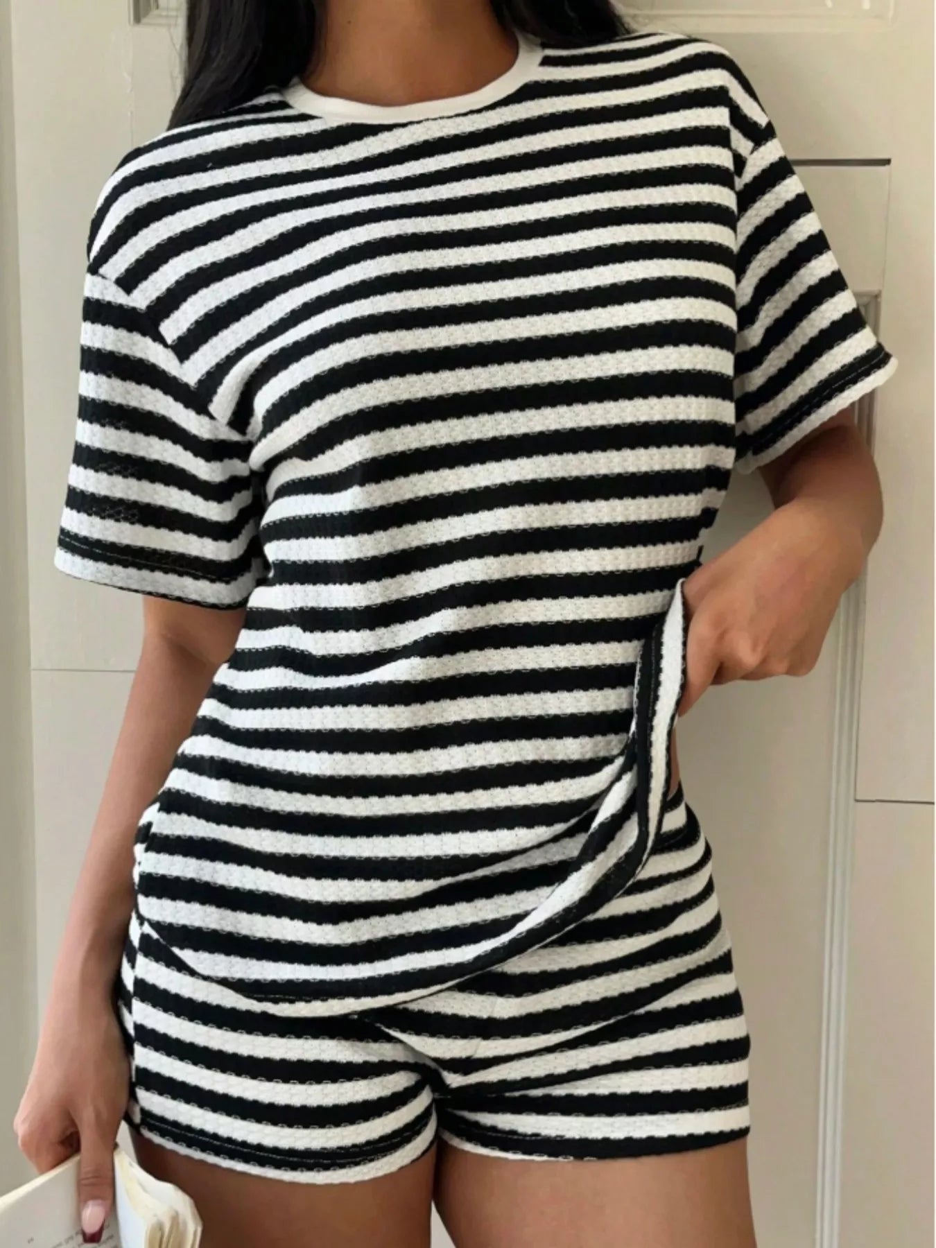 Striped Round Neck Top and Shorts Set